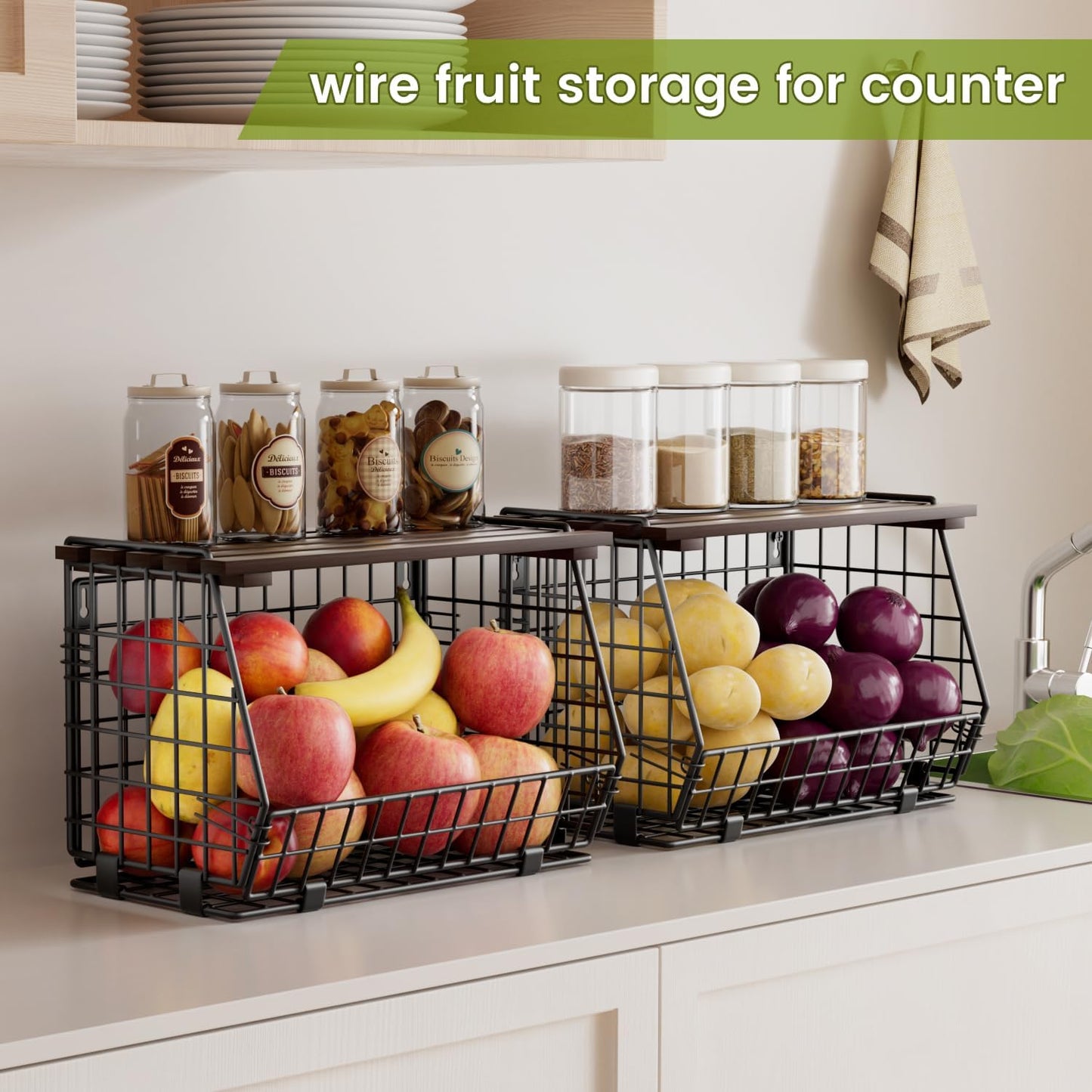 Wire Fruit Basket for Kitchen Storage: Hanging and Counter Wall Fruit Basket for Vegetable Produce - Potato and Onion Storage for Pantry 3 Pack