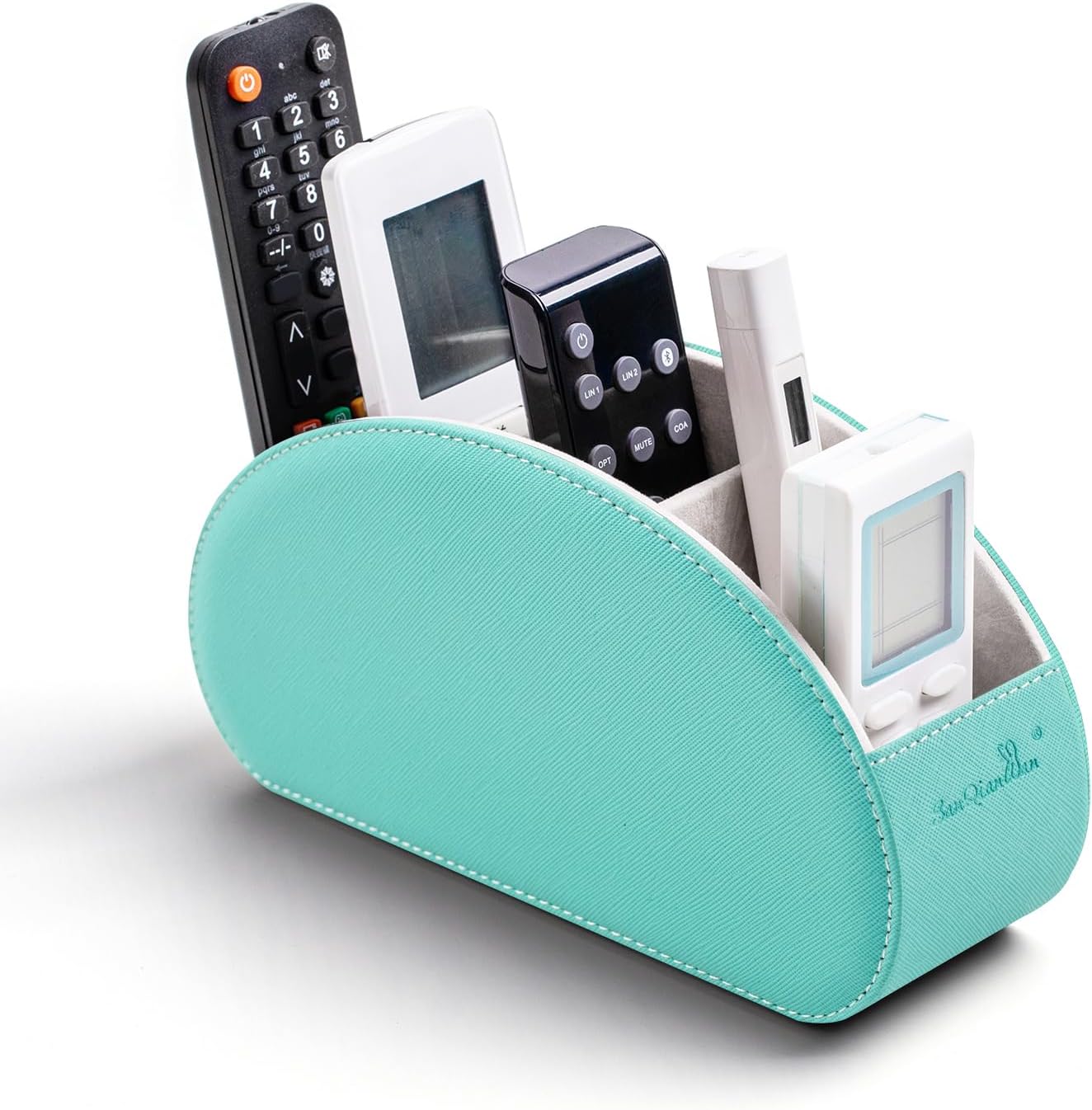 BONNY DODO Remote Control Holders Organizer Box with 5 Compartment PU Leather Multi-functional Office Desk Storage Caddy Store Tv Remote for Media Player,Brush,Pencil,Glassees&Office Supplies (Cyan)