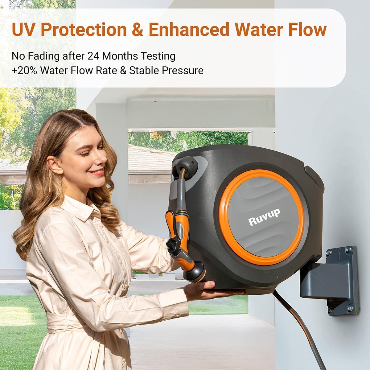 Ruvup Retractable Garden Hose Reel, 5/8in x 100ft Water Hose Reel with Metal Bracket, UV Resistant Automatic Hose Reel Wall Mount for Outside, Slow Retraction Any Length Lock 10 Spray Nozzle