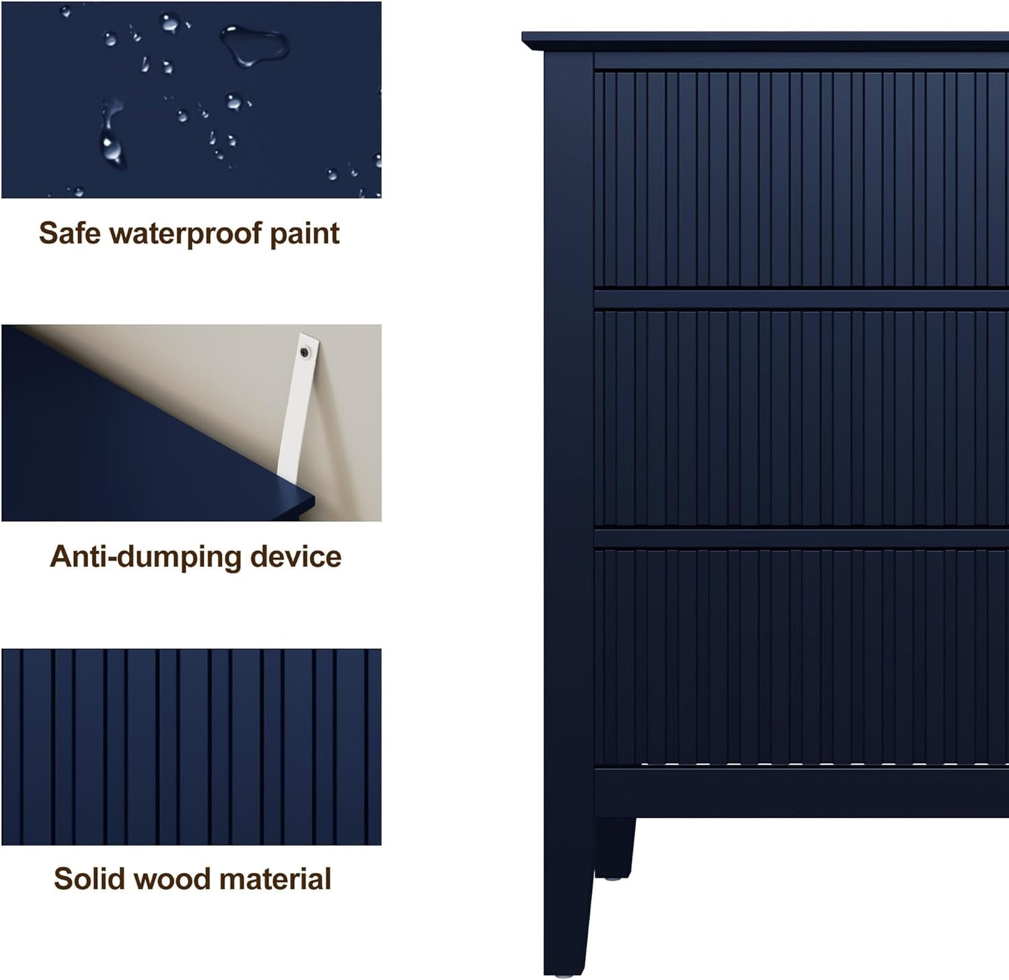 RoyalCraft 32" Large Nightstand, Fluted Painted Wood Dresser with 3 Spacious Drawers, Blue Modern Bedside Table for Bedroom