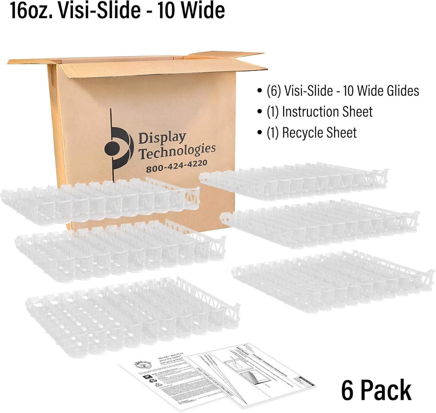 Display Technologies Visi-Slide Gravity Fed Organizer for 12/16oz high ring Beverages on flat and angled shelves in Cold Vaults & Coolers (Pack of 6)
