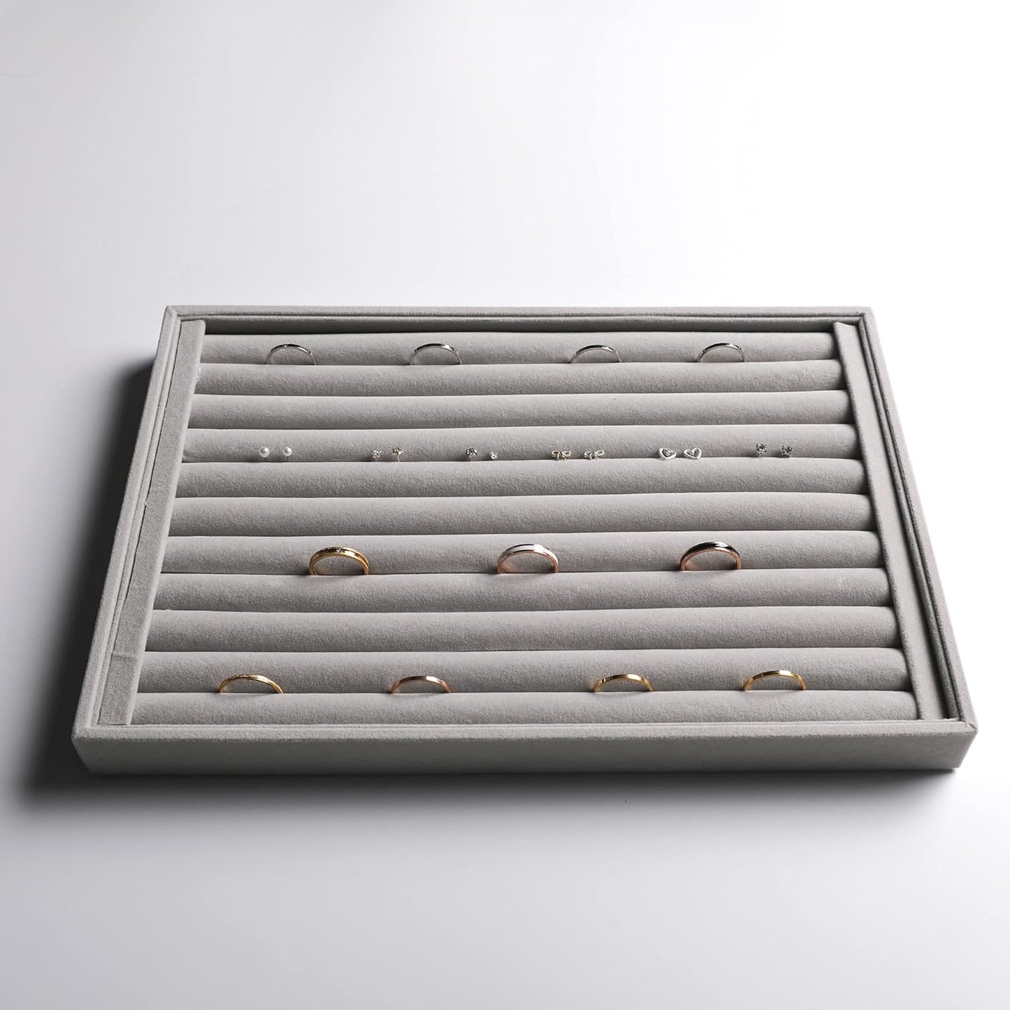 Frebeauty Stackable Velvet Jewelry Organizer Trays for Drawers Inserts Jewelry Storage Tray Display Case Earrings Bracelets Necklace Rings Accessories Trays for Women(Set of 4)(Grey).