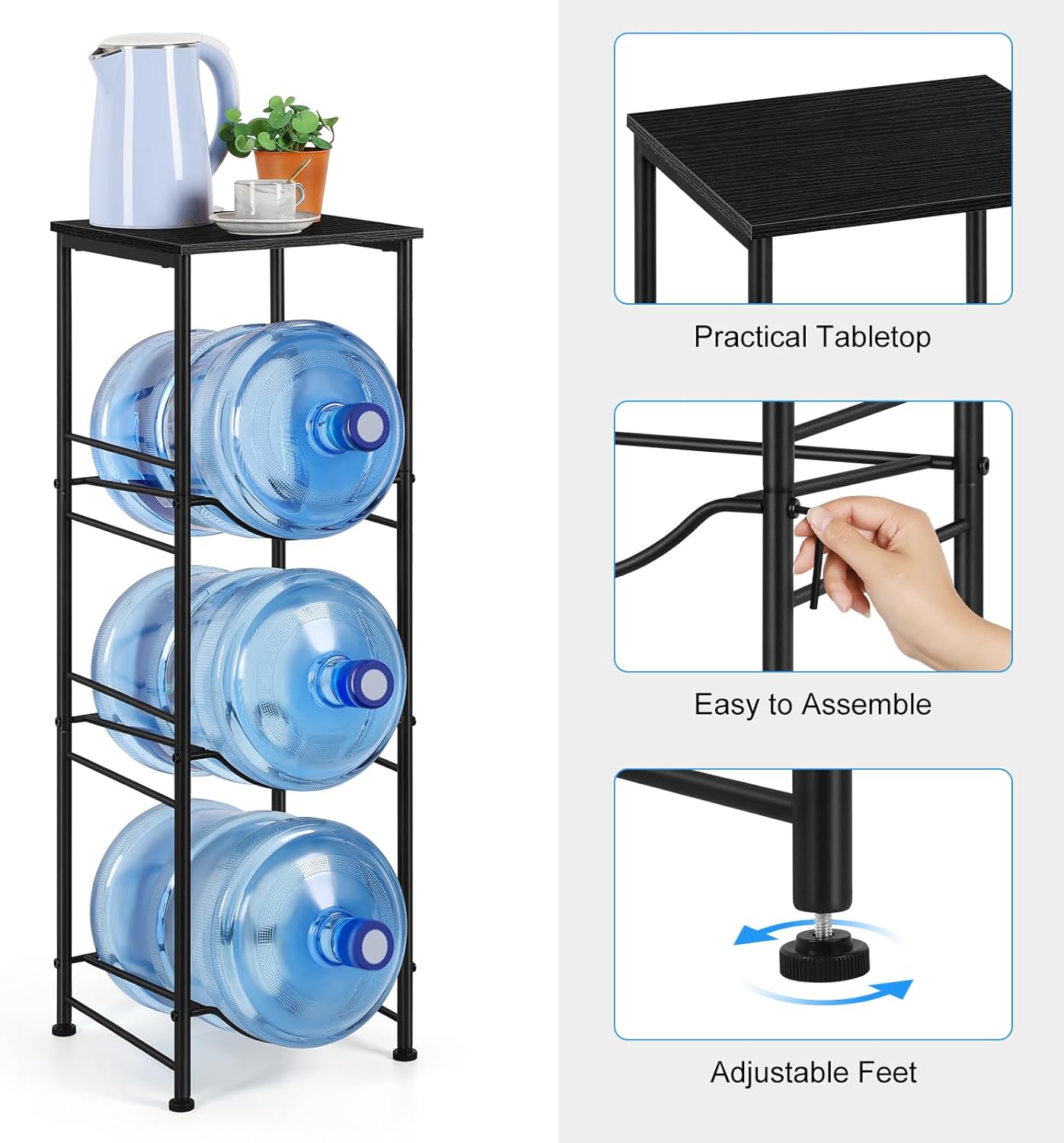 OYEAL Water Jug Holder Stand 5 Gallon Water Bottle Holder Organizer With Shelf, Heavy Duty 3 Tier Water Bottle Storage Rack for Kitchen, Office, Living Room, Black