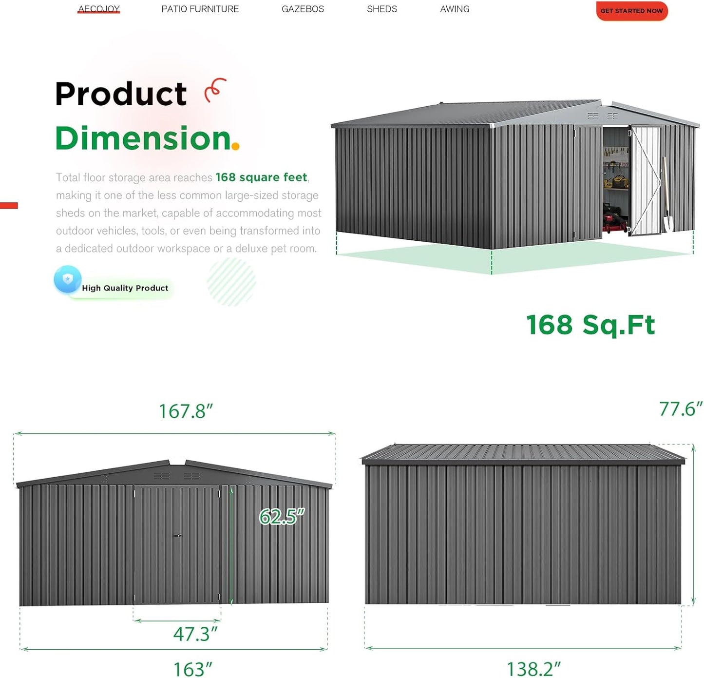 AECOJOY Shed 12' x 14' Storage Shed, Outdoor Metal Storage Sheds & Outdoor Storage 14x12 with Lockable Doors, Large Steel Yard Shed, Utility Tool Storage for Garden, Patio, Outside use in Dark Grey