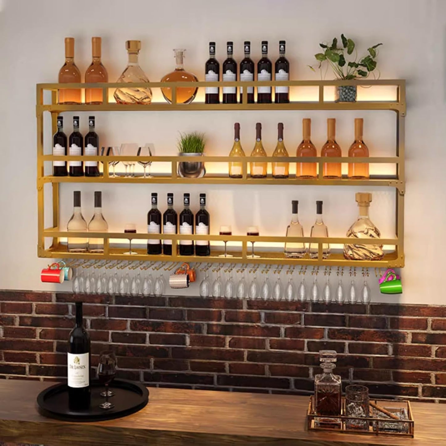 59in Wall Mounted Wine Rack, Wine Rack Wall Mounted With Wine Glass Rack, Metal Bar Bottle Display Shelf Wine Cups Hanging Holder, For Home Bar Cafe Dining Room Decoration (GOLD, 59*10*35.5IN)