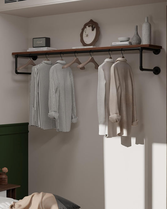 Clothes Rack 60in, Wall Mounted Garment Racks with Real Wood Shelf, Heavy Duty Hanging Clothes Rack, Multi-Purpose Hanging Rod, Space-Saving Closet Storage