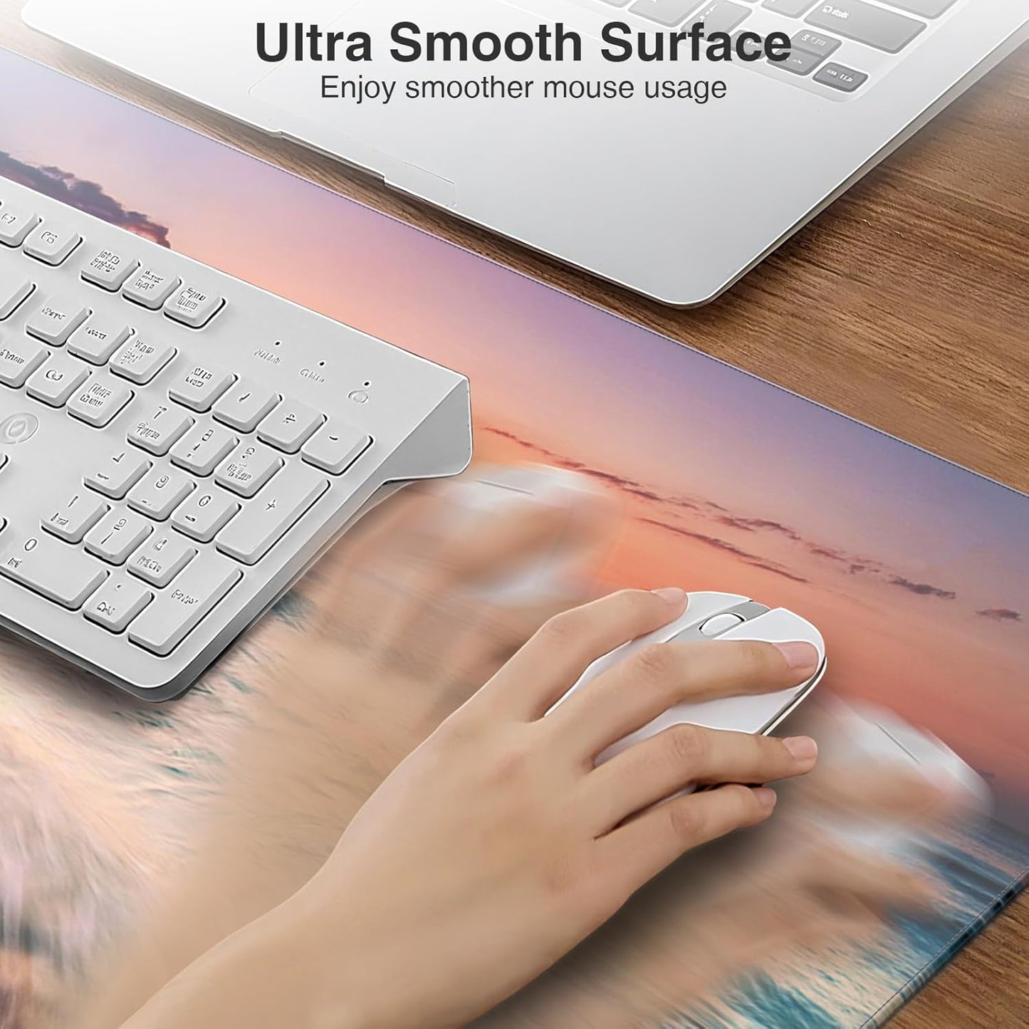 Wireless Charging Mouse Pad, 31.5"x15.8" Large Gaming Desk Mat for Keyboard/Laptop, Waterproof Ultra-Smooth Surface, Non-Slip Base, Beach Sunset