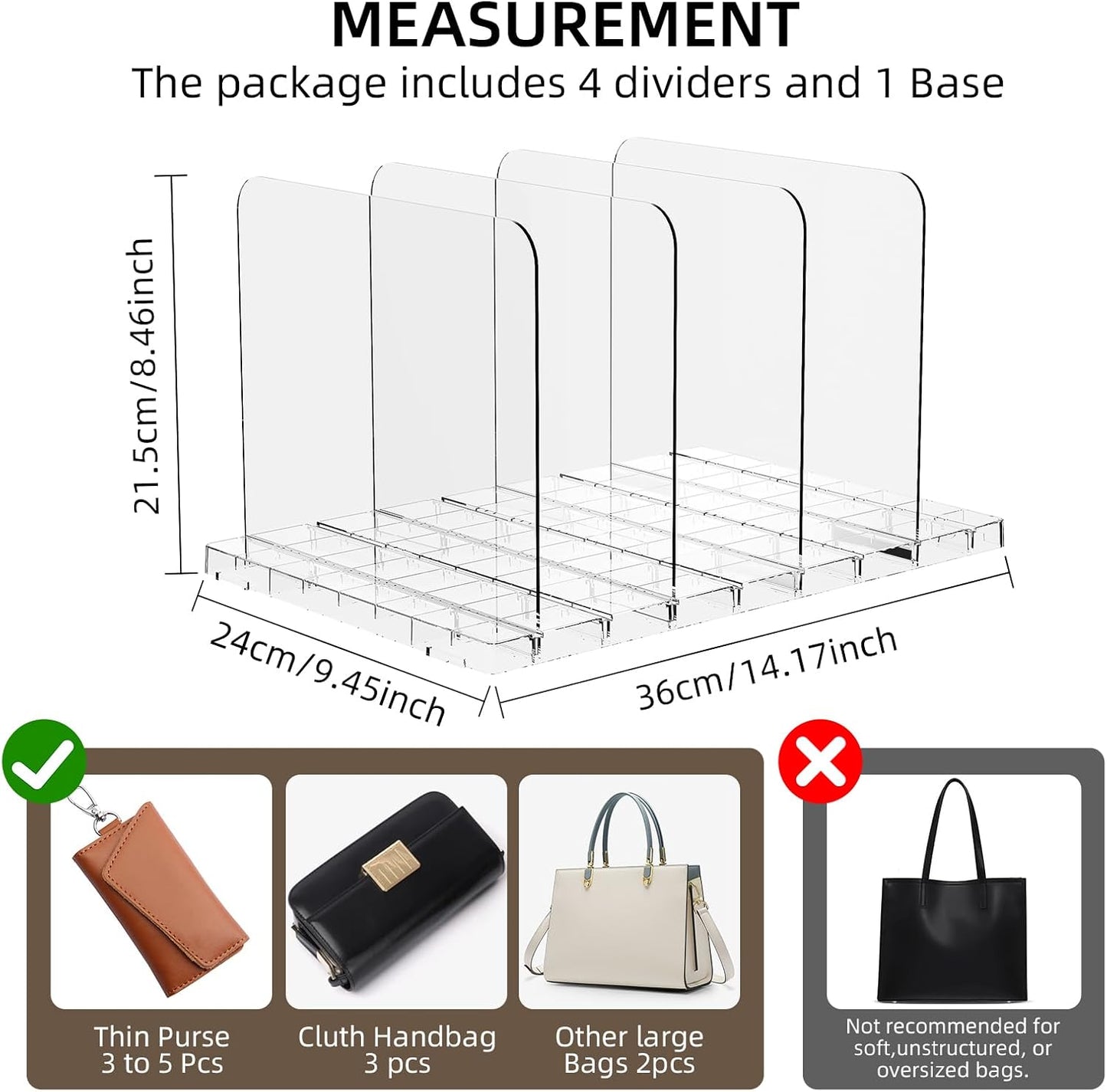 Bag & Purse Organizer for Closet Stackable Acrylic Shelf Dividers for Closet Organization, Clear Handbag Purse Storage Organizer Divider, Keep Clutch, Wallet, Pocketbook Upright, 1 Pack