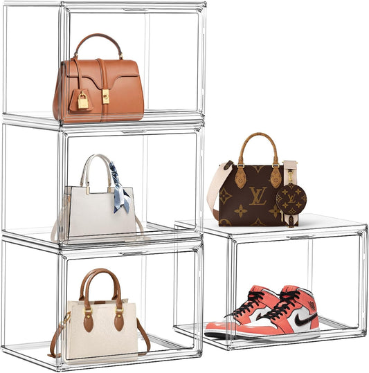 4 Pack Clear Shoe Box Organizer,Size 14 Acrylic Display Cases for Book Cosmetic Figures Collectibles Showcase,X-Large Bag Stackable Plastic Storage Bins with Magnetic Lid