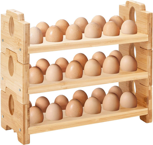 3-Tier Wooden Egg Holder - Egg Basket For Gathering Fresh Eggs, Layer Egg Tray Holder Countertop For 12 Eggs,Tier Egg Organizer For Farmhouse Kitchen Refrigerator Fits Duck, Turkey, Chicken Eggs