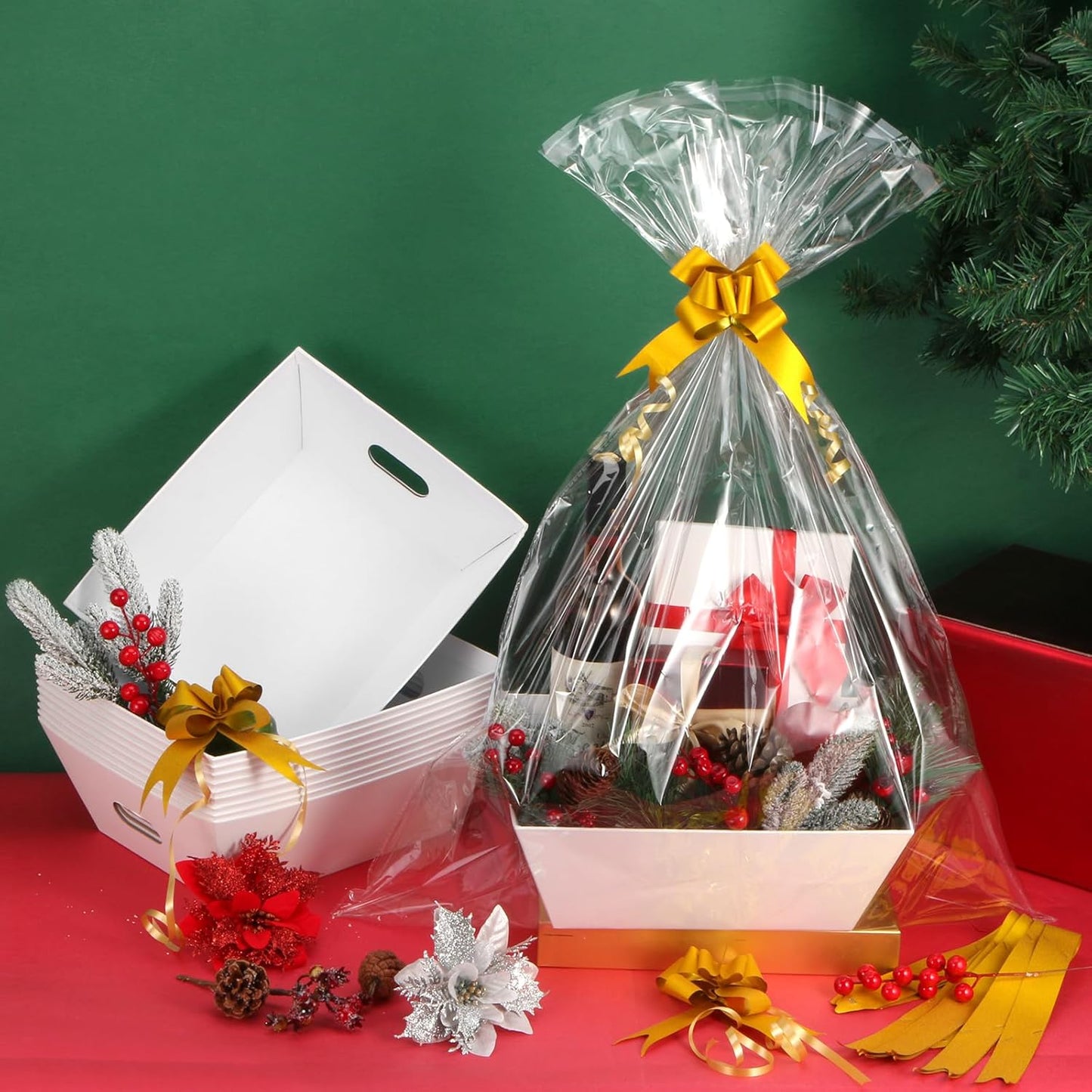 AFOROEOA 10PACK White Baskets For Gifts Empty, 10x12”Thick Kraft Gift Basket with 10 Bows 10 Bags Empty Gift Baskets for Christmas, Easter, Birthdays, Snacks, Farmers Market