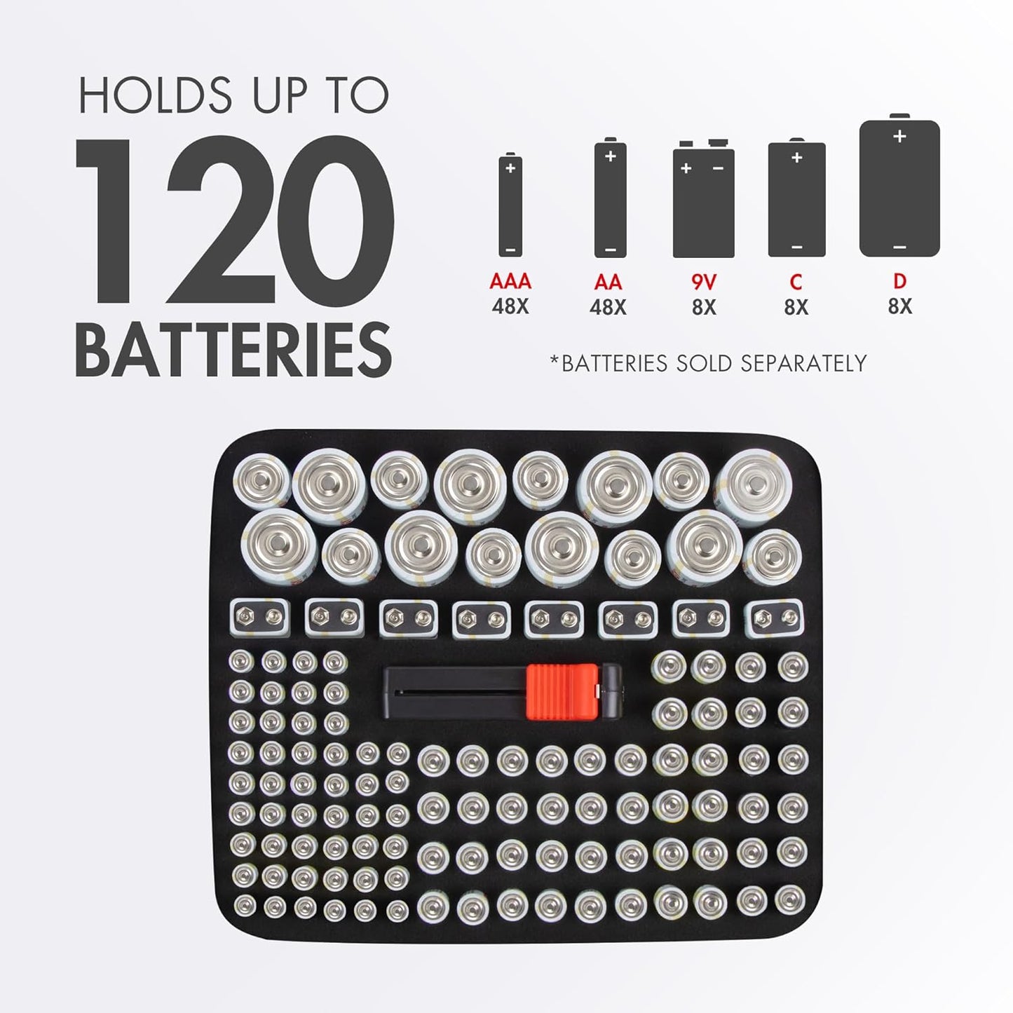 Tenergy Large Battery Organizer Storage Case with Battery Tester, Holds 120 Batteries AA AAA C D 9V (Batteries not Included)