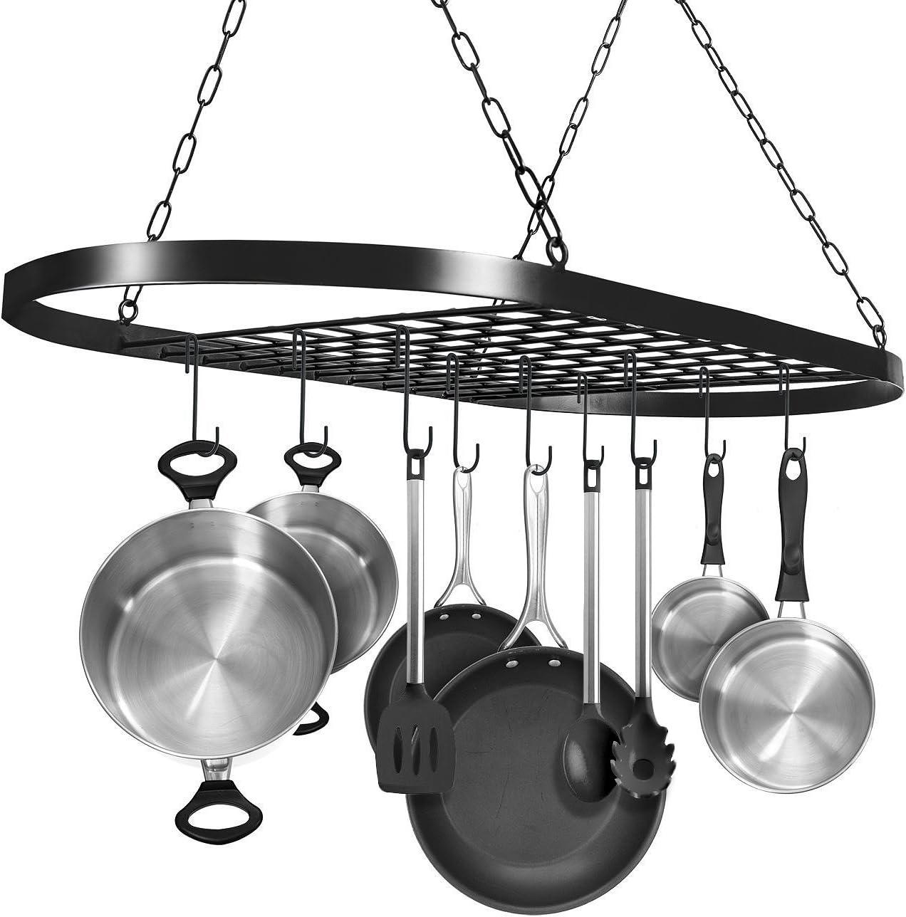 Sorbus® Pot and Pan Rack for Ceiling with Hooks — Decorative Oval Mounted Storage Rack — Multi-Purpose Organizer for Home, Restaurant, Kitchen Cookware, Utensils, Books, Household (Hanging Black)