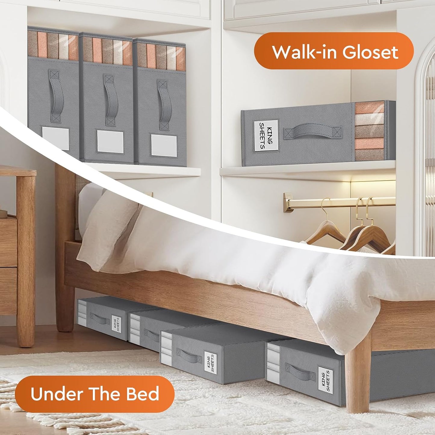 2 Pack Bed Sheet Closet Organizers and Storage,Sturdy Foldable Storage Containers with Window and Label,Storage and Organization for Bedding Sheets,Duvet Covers,Blankets (Grey)