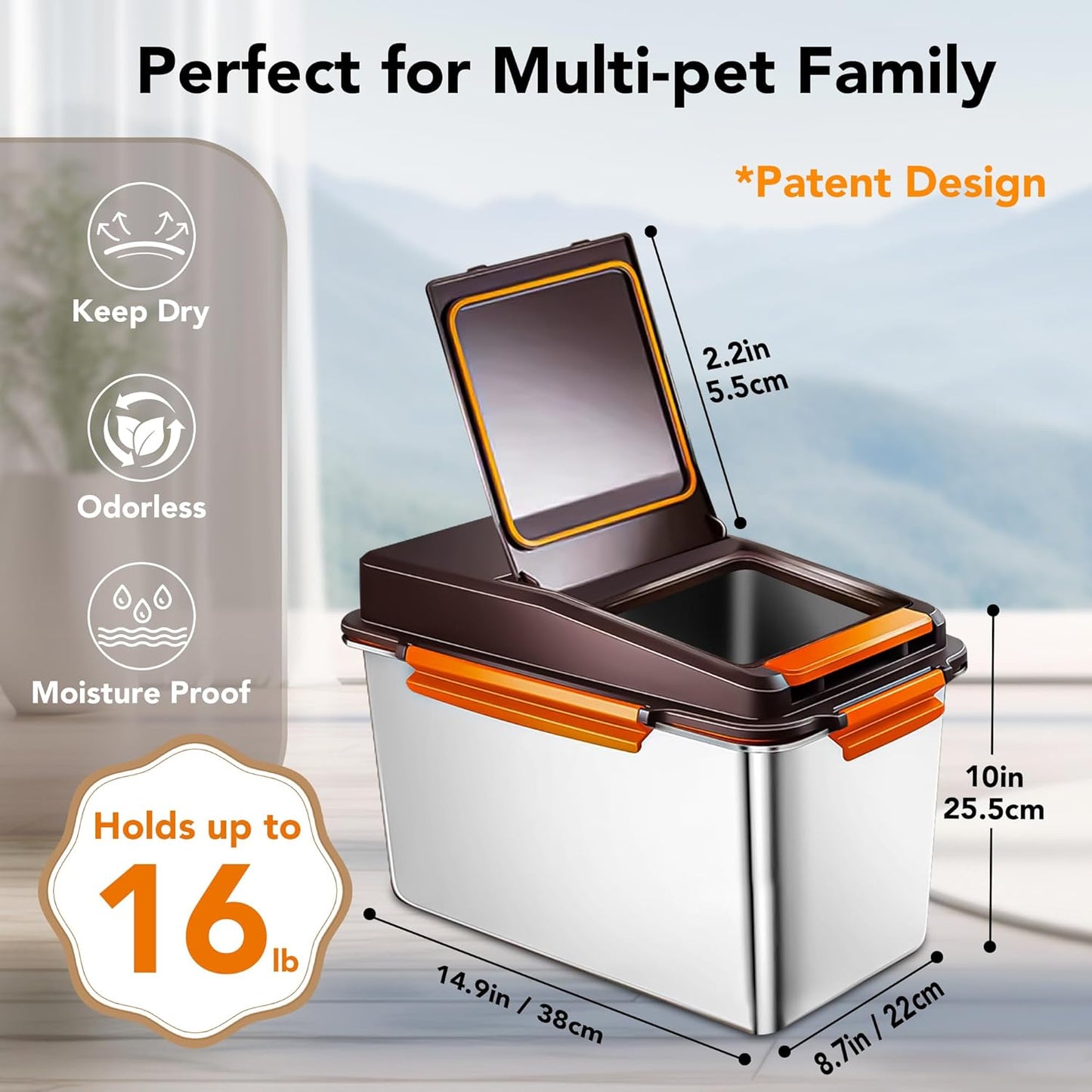 Dog Food Storage Container Stainless Steel with Scoop, 16 LB /11 LB Airtight Pet Metal Food Storage Bin, Cat Food Container for Dry Dog, Cat Food, Bird Seed, Keep Food Fresh, Brown