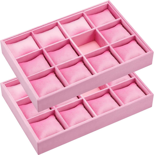 Henoyso 2 Pieces 12 Grid Velvet Watch Tray Jewelry Organizer Stackable Watch Bracelet Bangle Display Holder Adjustable Pillow(Pink)