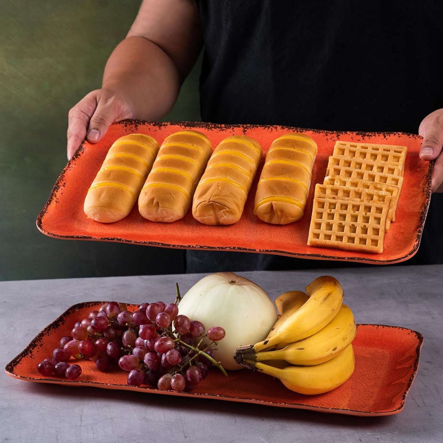LEHAHA Melamine Serving Tray/Platters Set of 2, 17.5" x 10", 2-Piece Large Rectangular Melamine Platter Set for Serving Food, Orange