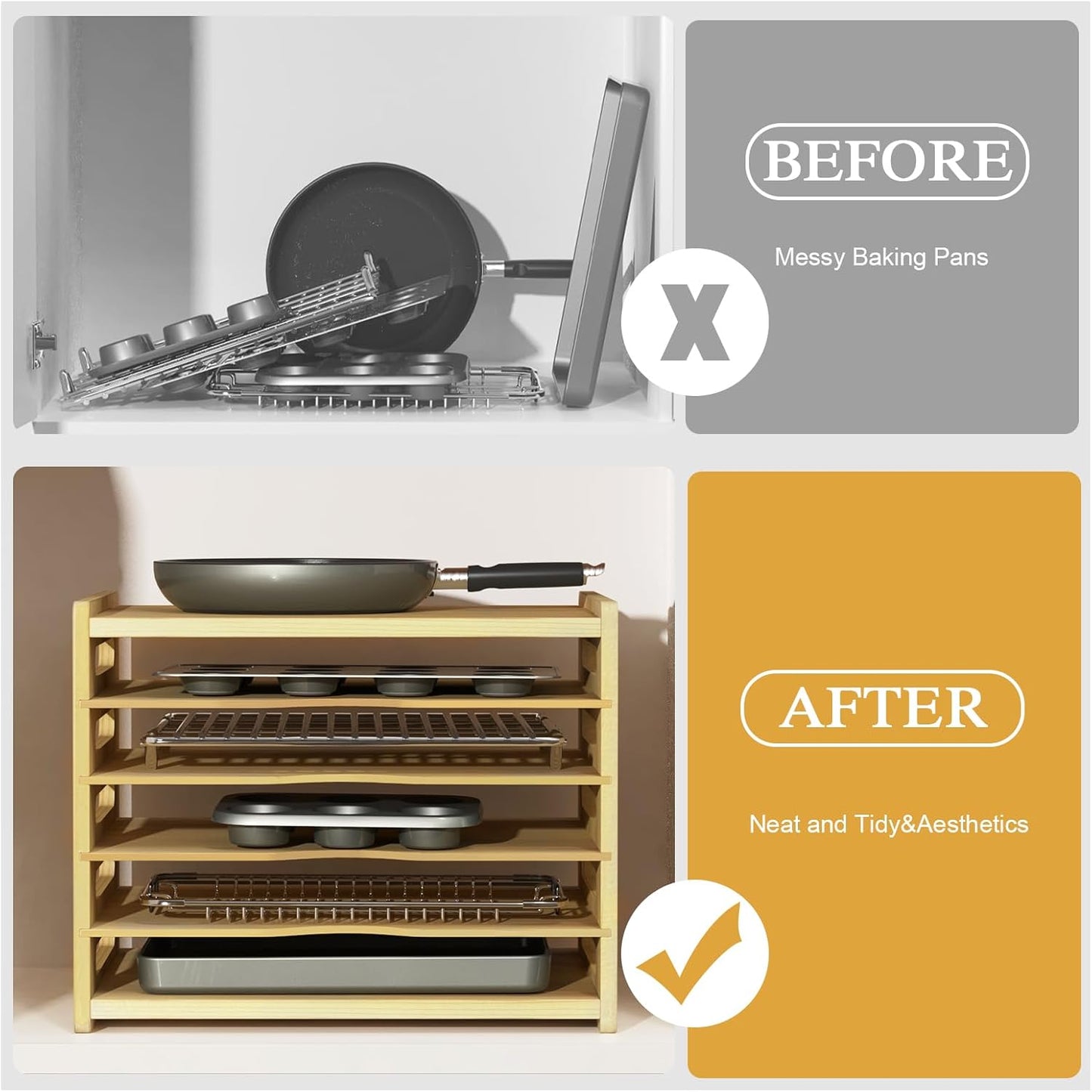 6 Tier Wooden Cabinet Tray Dividers, Kitchen Vertical Tray Divider Organizer, Storing pans, Baking trays, Cutting Board