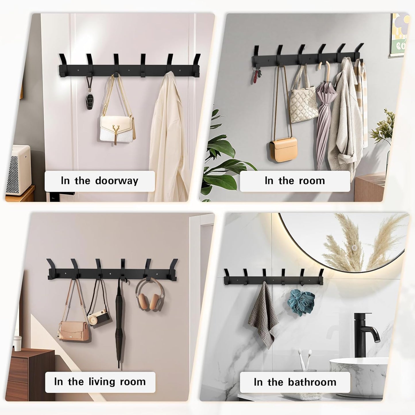 2 Pack Coat Rack Wall Mount,17.3 in Wall Hooks for Hanging, Coat Hanger Wall Mount Towel Rack Hat Rack for Wall with 6 Hooks for Entryway, Bedroom, Bathroom (Black,6 Hook-2Pack)