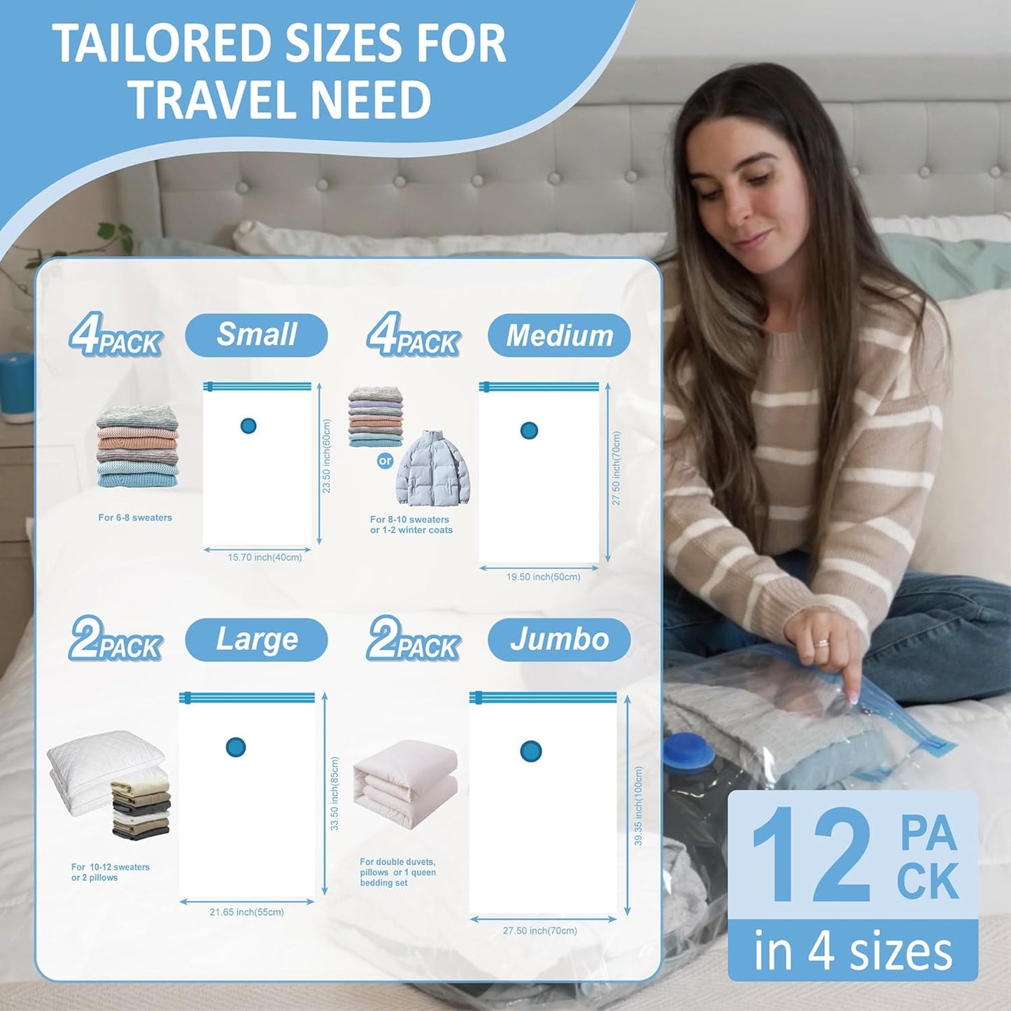 12 Pack Travel Vacuum Storage Bags with Rechargeable Wireless Electric Pump for Luggage, Suitcase, Carry-on Size Vacuum Seal Compression Space Saver Bags for Clothes and Clothing Travel