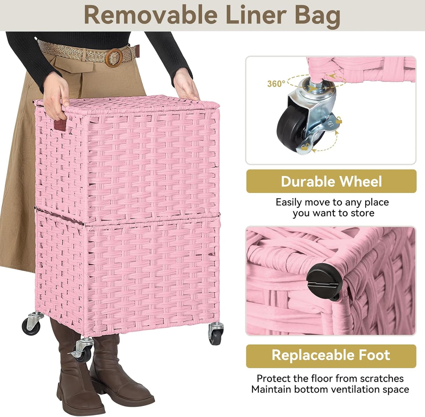 Chrislley 90L Slim Laundry Hamper with Wheels, Rolling Laundry Basket with Lid and Renovable Liner Bag, Handwoven Rattan Organizer for bedroom, bathroom, laundry room (Pink)