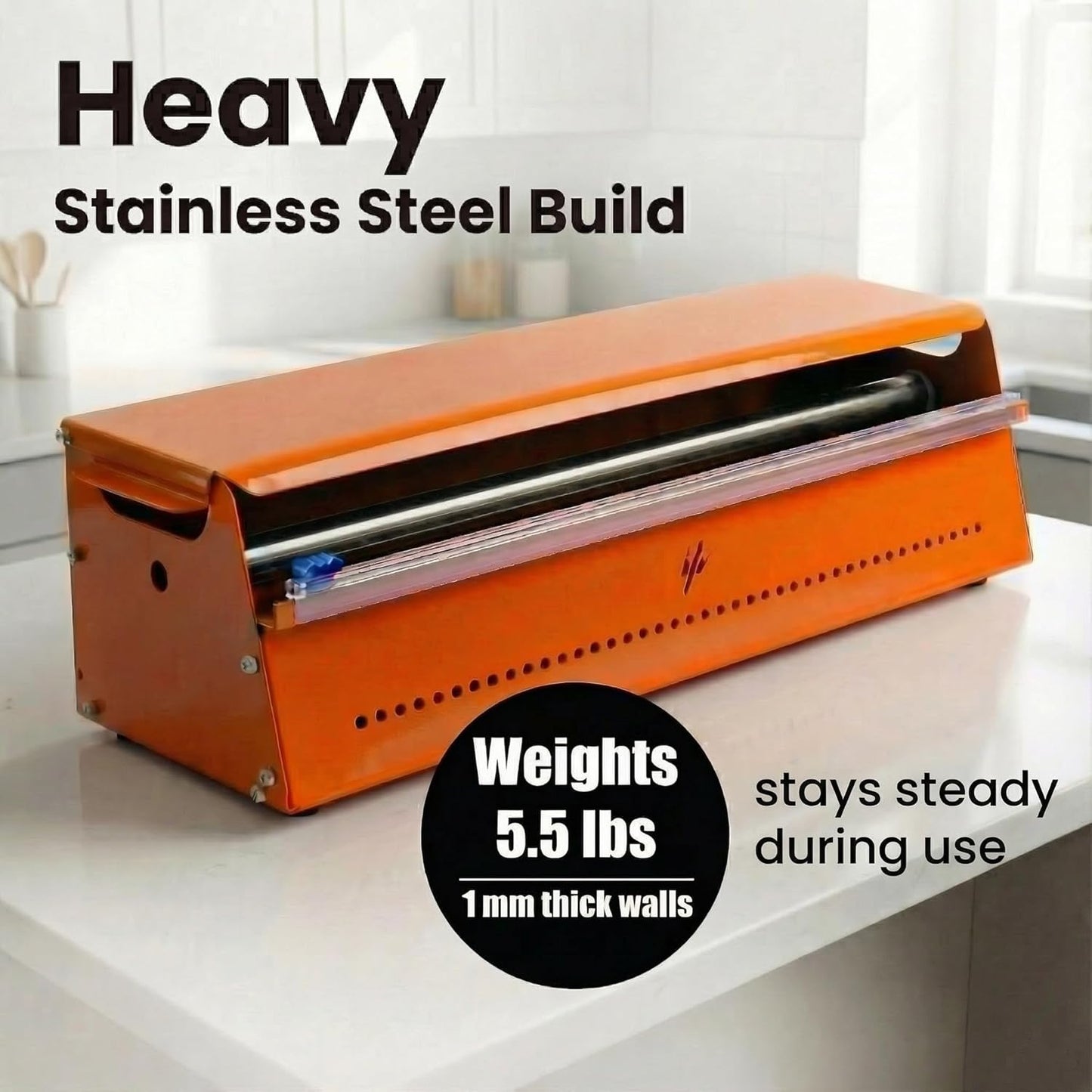 Stainless Steel Kitchen Dispenser for Foil, Plastic Wrap & Kraft Paper – Heavy-Duty Countertop Wrap Organizer – Fits Up to 18” Rolls – Modern Kitchen Gadget, Aluminum Foil & Cling Film Cutter