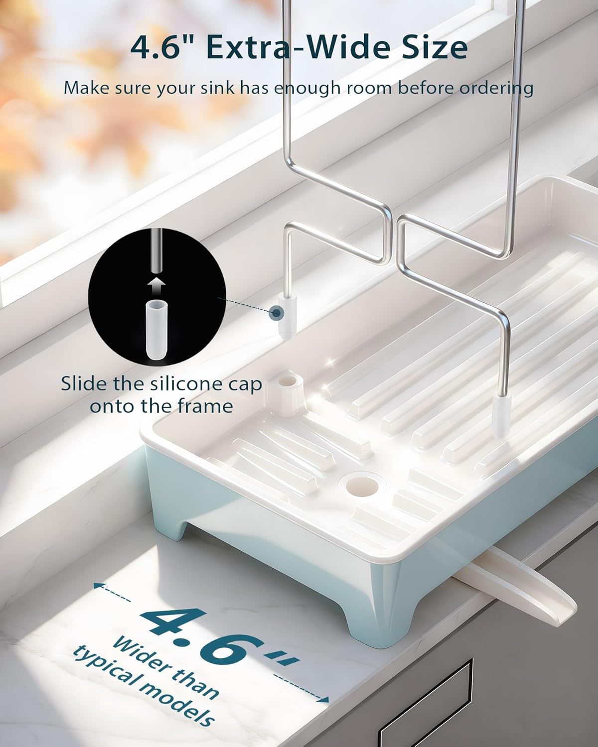 Ceramic-Look Sink Caddy, Rustproof Sponge Holder for Kitchen Sink with 304 Stainless-Steel Brush Holder, Countertop Rack Organizer with Raised Ridges & Silicone Drain Tube (Pastel Blue)