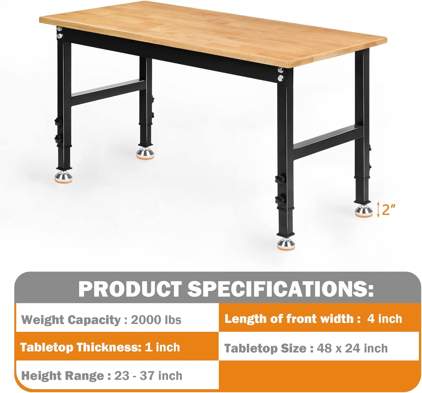 Betterhood 48" Heavy-Duty Adjustable Workbench for Garage, Rubber Wood Shop Table W/Rubber Pads, Hardwood Workstation Weight Capacity Over 2000 Lbs