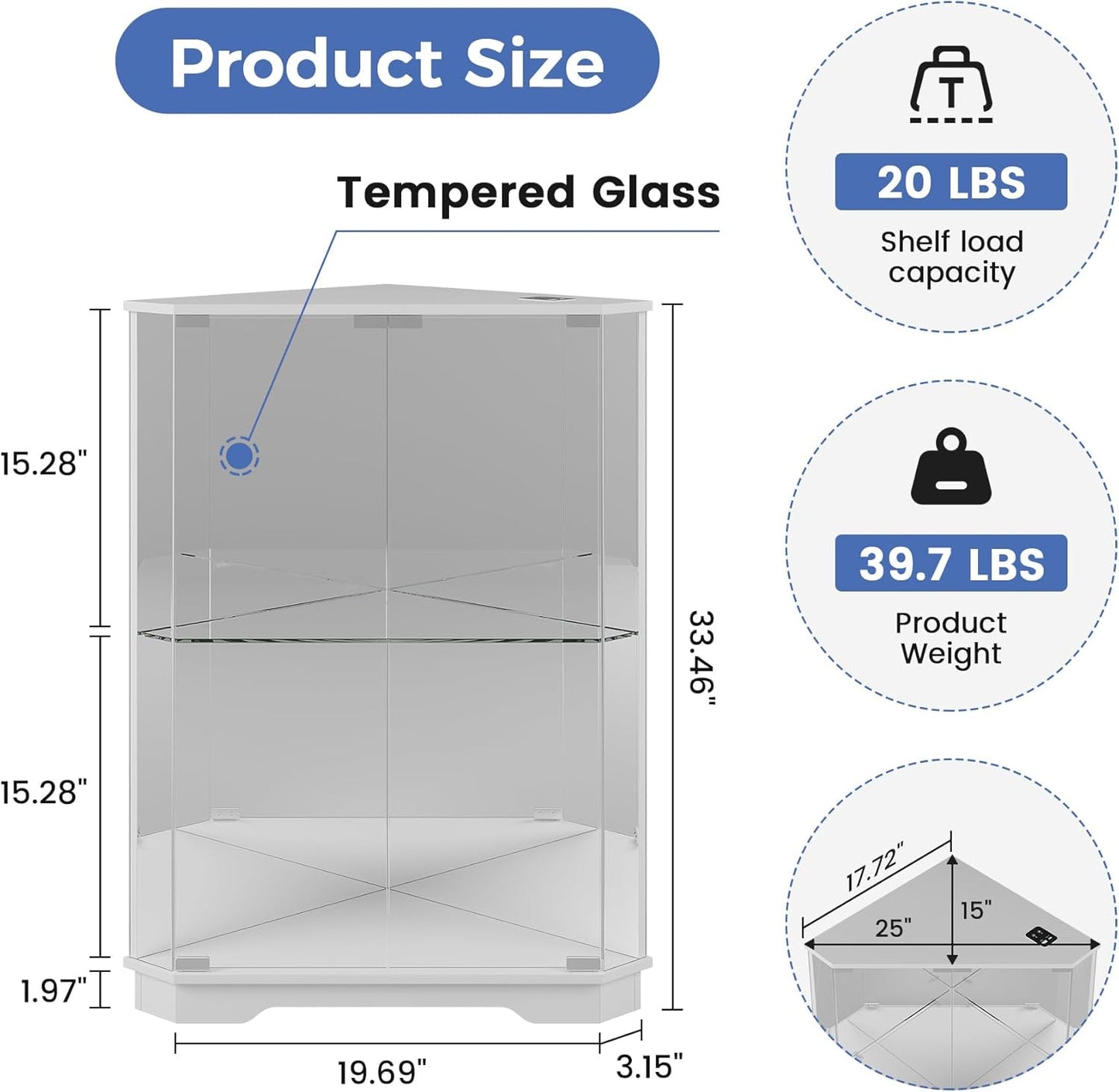 Corner Display Cabinet Set of 2 with Glass Doors, Small Display Case with 3-Color LED Lights and Charging Station, 2-Tier Curio Cabinet with Storage and Shelf, White
