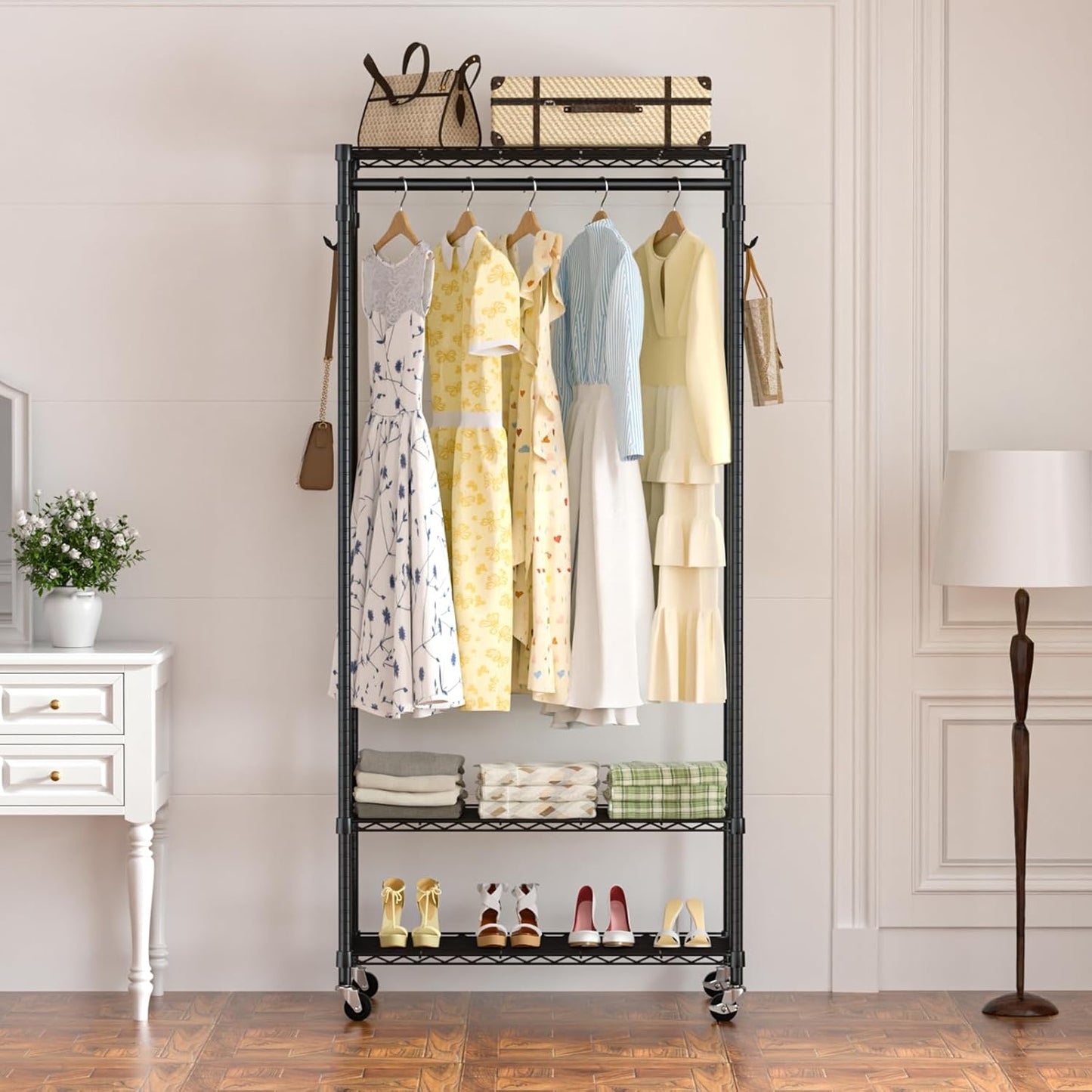 Garment Rack Heavy Duty 3 Tiers Adjustable Freestanding Metal Rolling Clothing Rack with Double Rods and Side Hooks for Hanging Clothes, Black