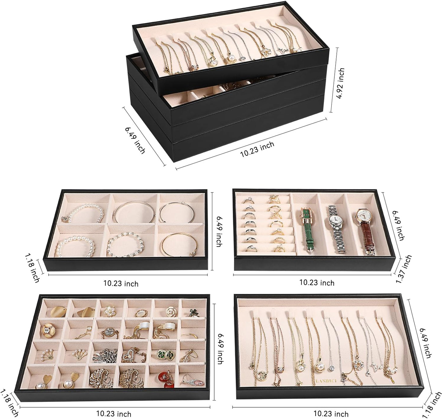 LANDICI Stackable Jewelry Organizer Trays 4 Set,PU Leather Jewelry Organizer Drawer,Jewelry Storage Display Tray for Earring Necklace Rings Bracelet with Removable Dividers,Black