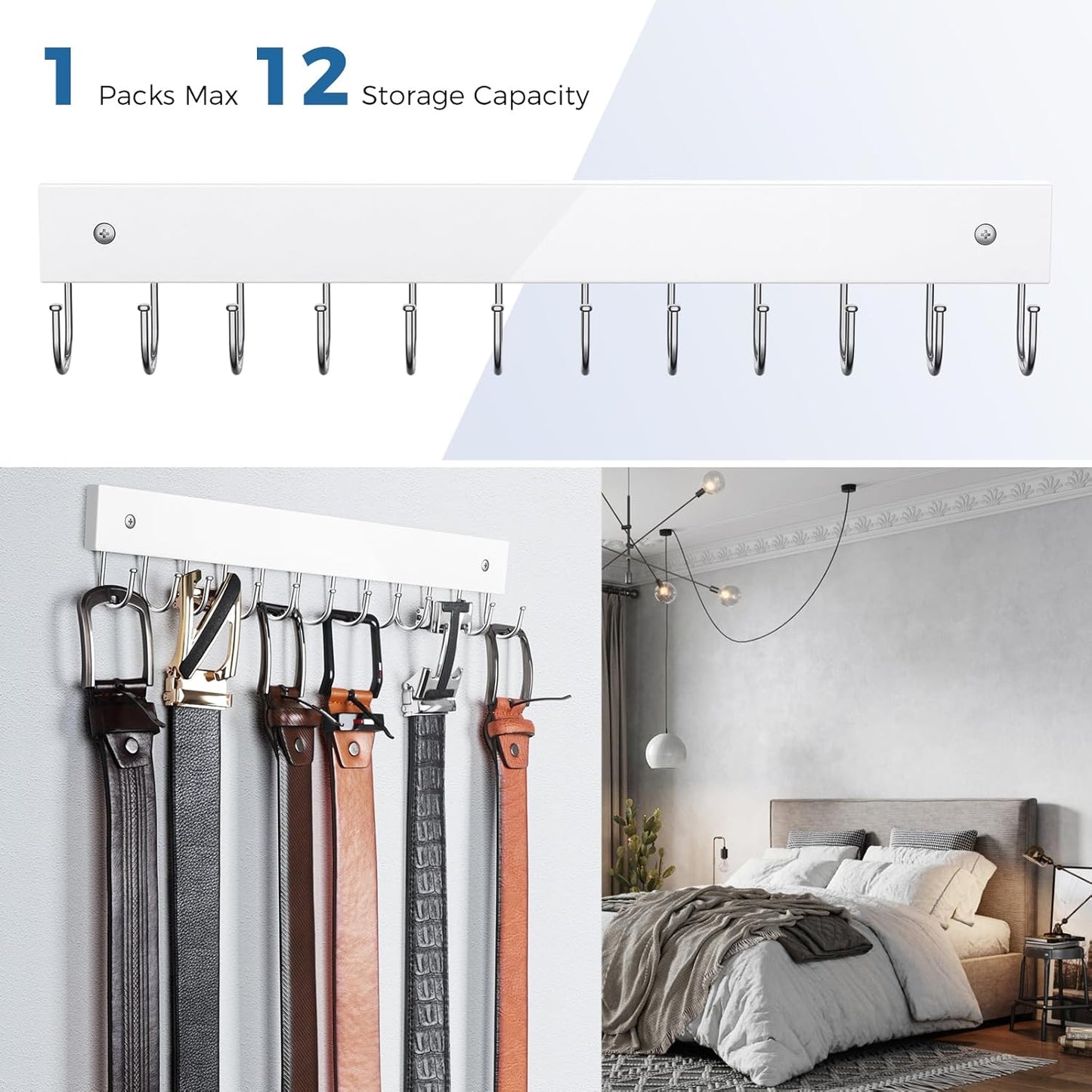 Belt Hanger Wall Mounted, Wooden Belt Organizer Max 12 Storage Capacity, 180° Rotating Space Saving Hangers for Ties, Tank Tops, Scarves, Bras, Keys, Bags White 1 Pack