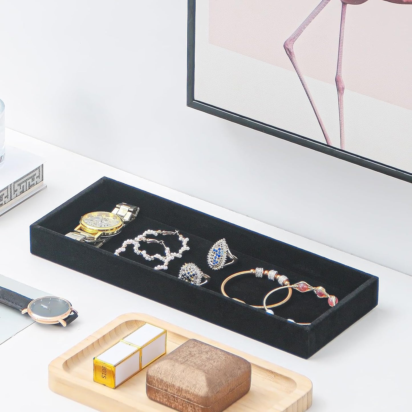 Divided Drawer Organizer Tray, Velvet Jewelry Storage Tray, Necklace Bracelet Ring Earring Display Tray,Bedside Nightstand Desk Holder Tray for Phone Watch Sunglasses Cosmetics Storage/Black/1grid