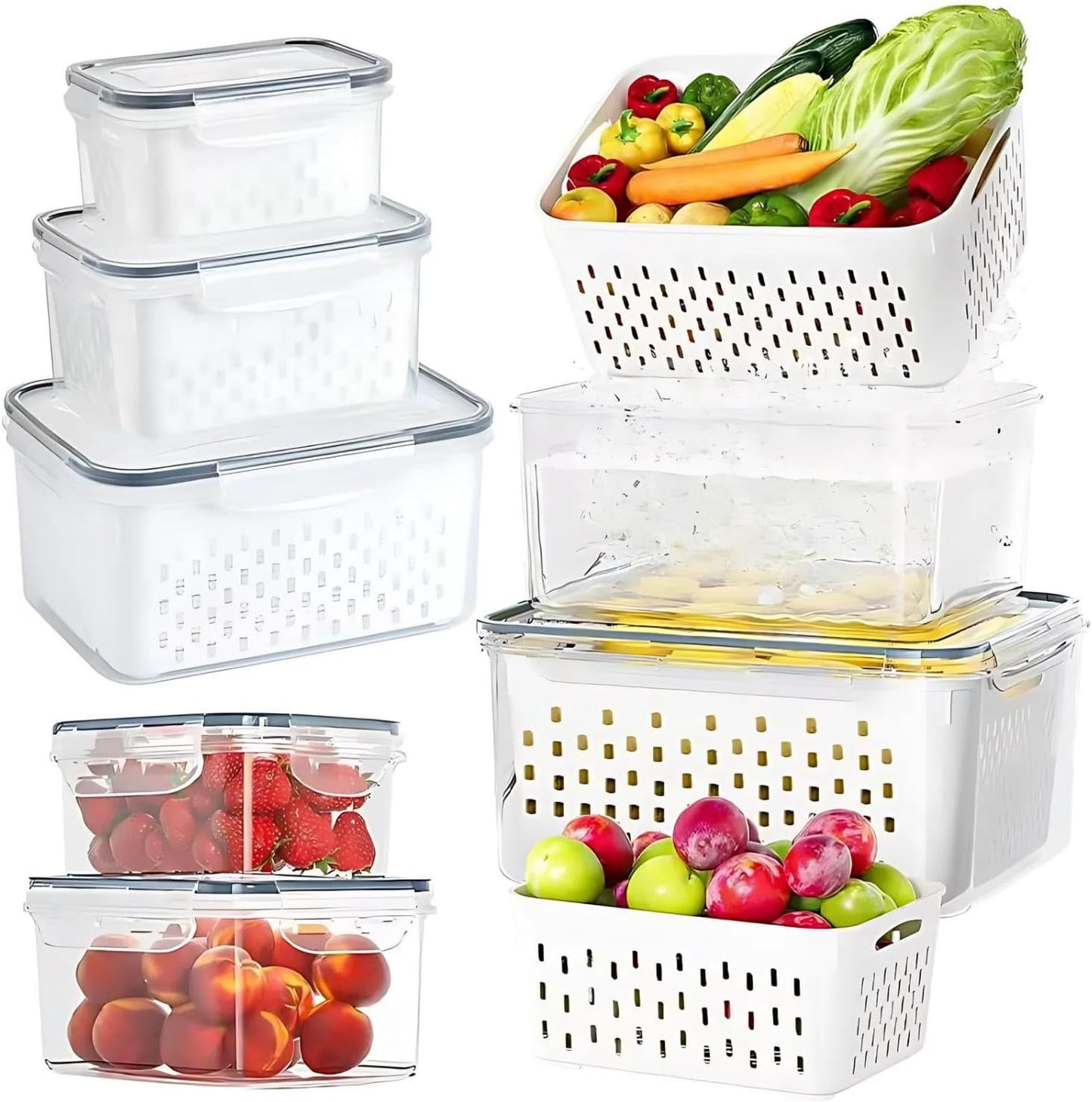 4 PCS Fruit Containers for Fridge, Leakproof fruit storage containers for fridge with Removable Colander