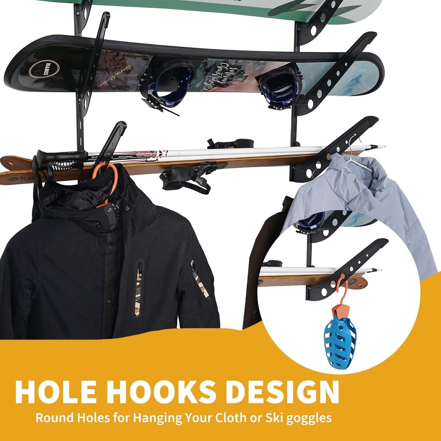 Snowboard Wall Racks, Adjustable Storage Rack for Ski, Surfboard, Wakeboard, Snowboard Wall Mount Display, White/Black