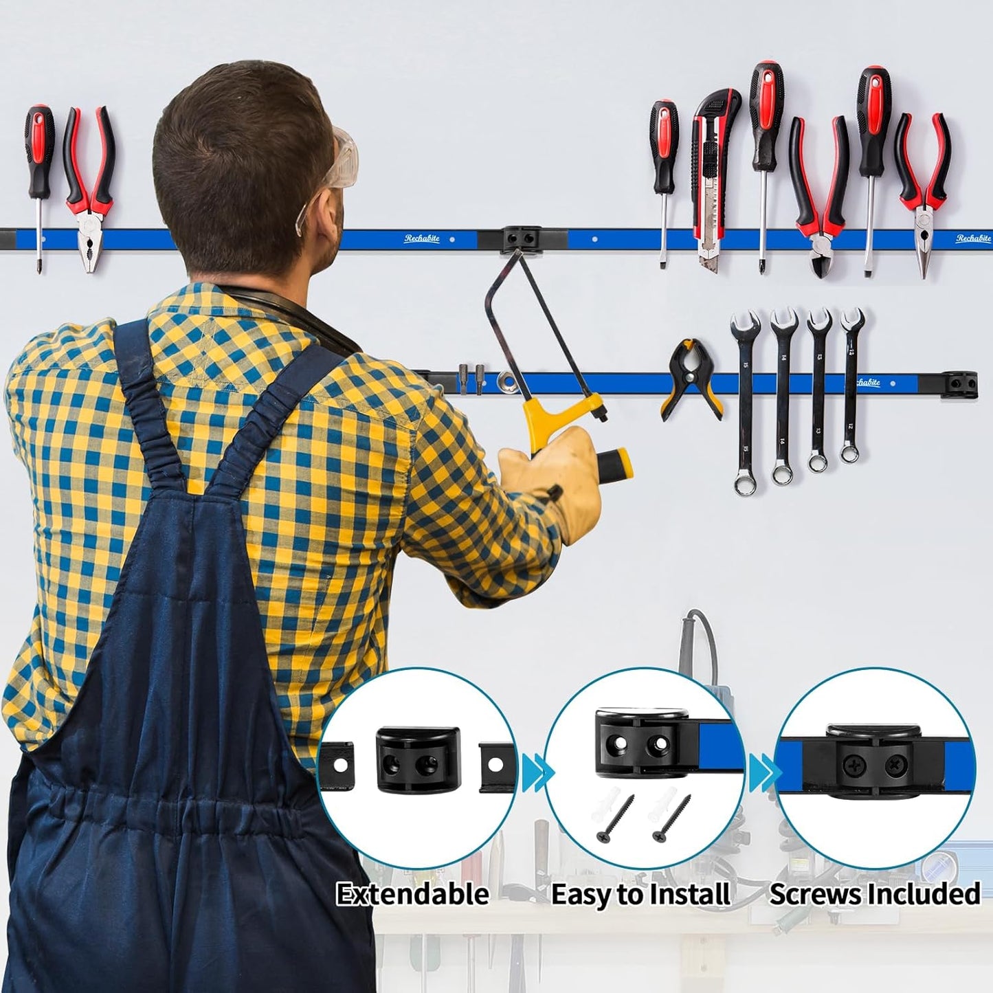 6 Pieces 12" Magnetic Tool Holder Strip, Blue Magnet Bar, Metal Tool Organizer Rack for Garage Organization, Easy To Install in Workshop, Mounting Screws Included