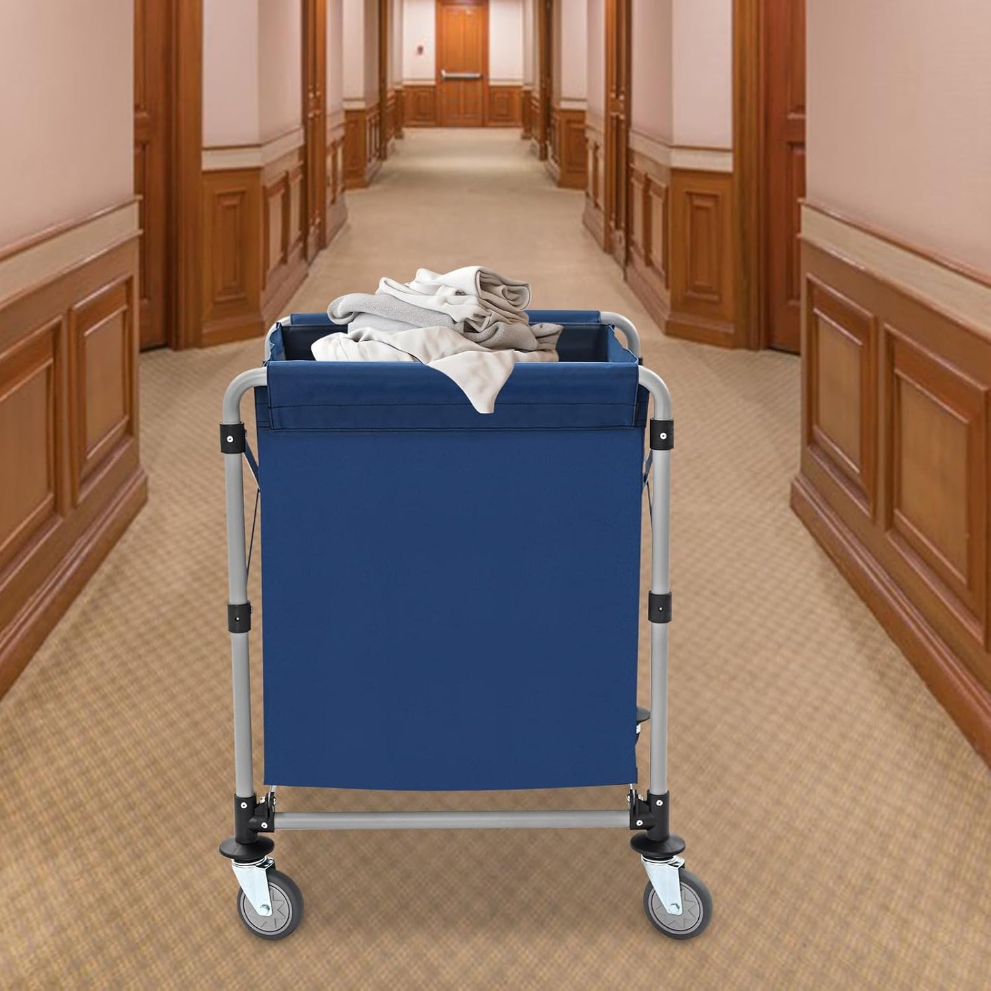 Commercial Laundry Cart with Wheels,Folding Laundry Hamper Cart,Heavy Duty Rolling Laundry Basket with Large Capacity,Laundry Sorter Trolley for Home Hotel Apartment (Blue, 23.62 * 19.69 * 23.62in)