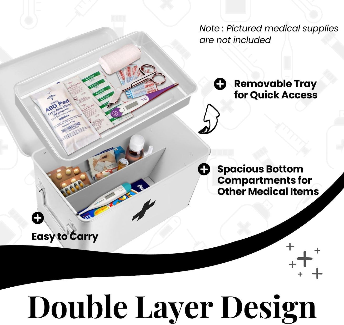 Flexzion First Aid Box Organizer Empty 13" White Vintage First Aid Kit Tin Metal Medical Box - First Aid Storage Box Container Bins with Dividers, Removable Tray and Black Cross Logo