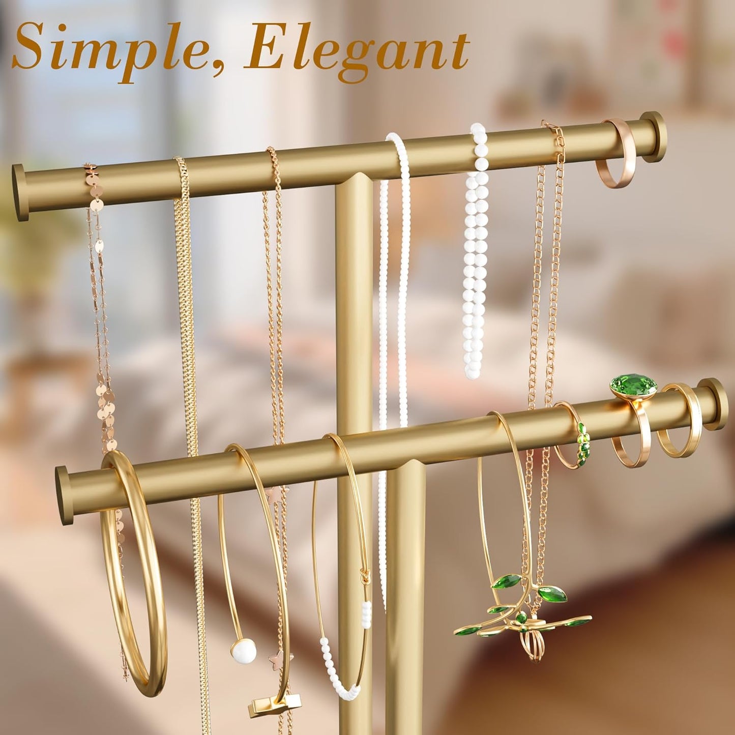Gold Necklace Rack Stand with Storage Tray - 2 Rods T-Shaped Jewelry Holder Stand for Bracelets, Earrings, Rings | Elegant Vanity & Dresser Top Storage for Women.