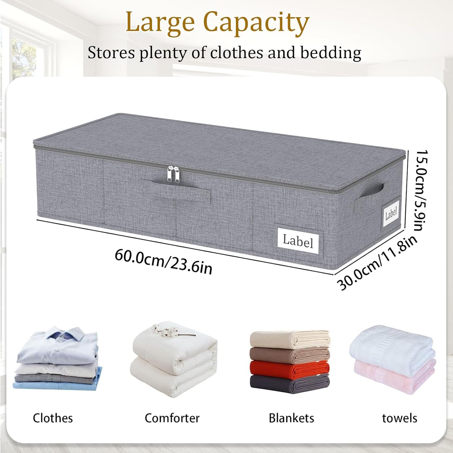 Yawinhe Under Bed Storage Containers with Handles, Sturdy Zipper und Label Holders, Foldable Blanket Storage Bags, for Comforter, Clothing, 23.6''Lx11.8''Wx6''H, 1-Pack, Grey SNH002GS-1