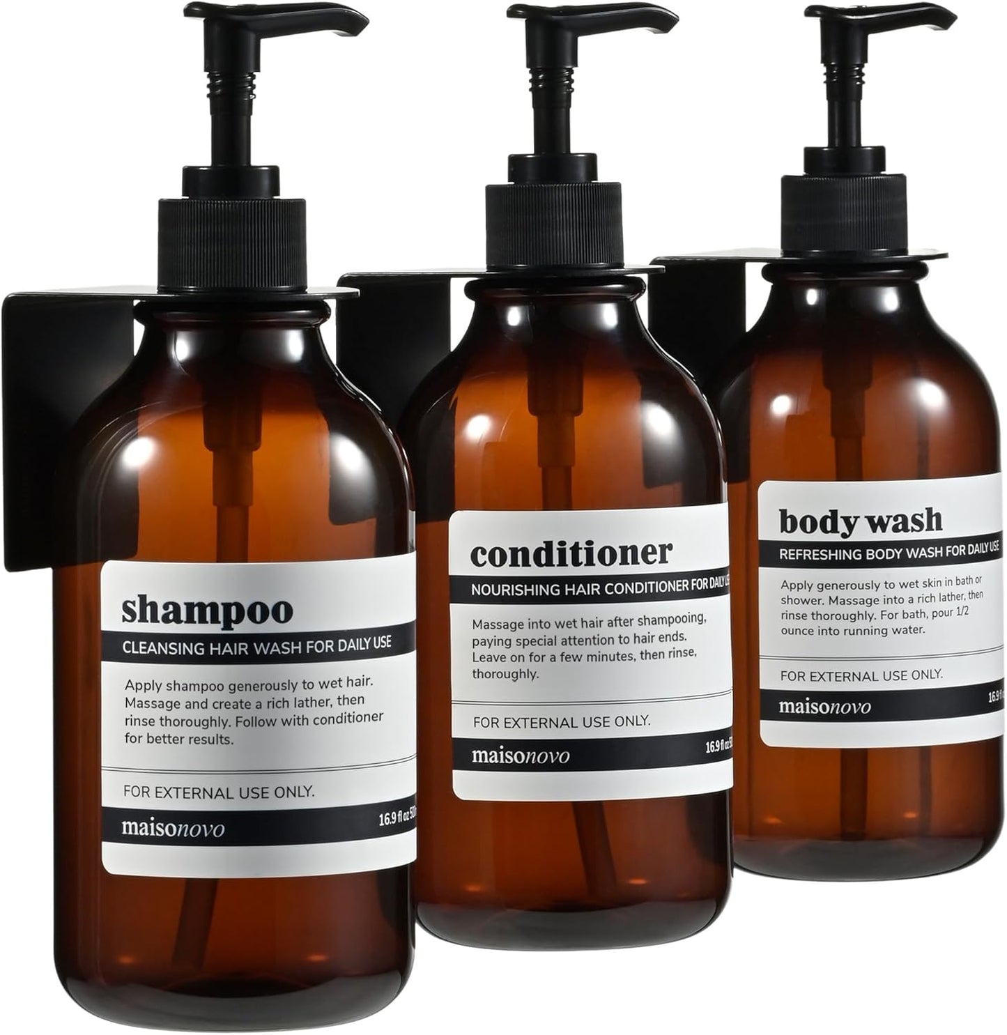 MaisoNovo Shampoo and Conditioner Dispenser - Shower Soap Dispenser Wall Mounted - 16.9 fl oz Set of 3 Amber Plastic Bottles Black Pump - 3 Chamber No Drill