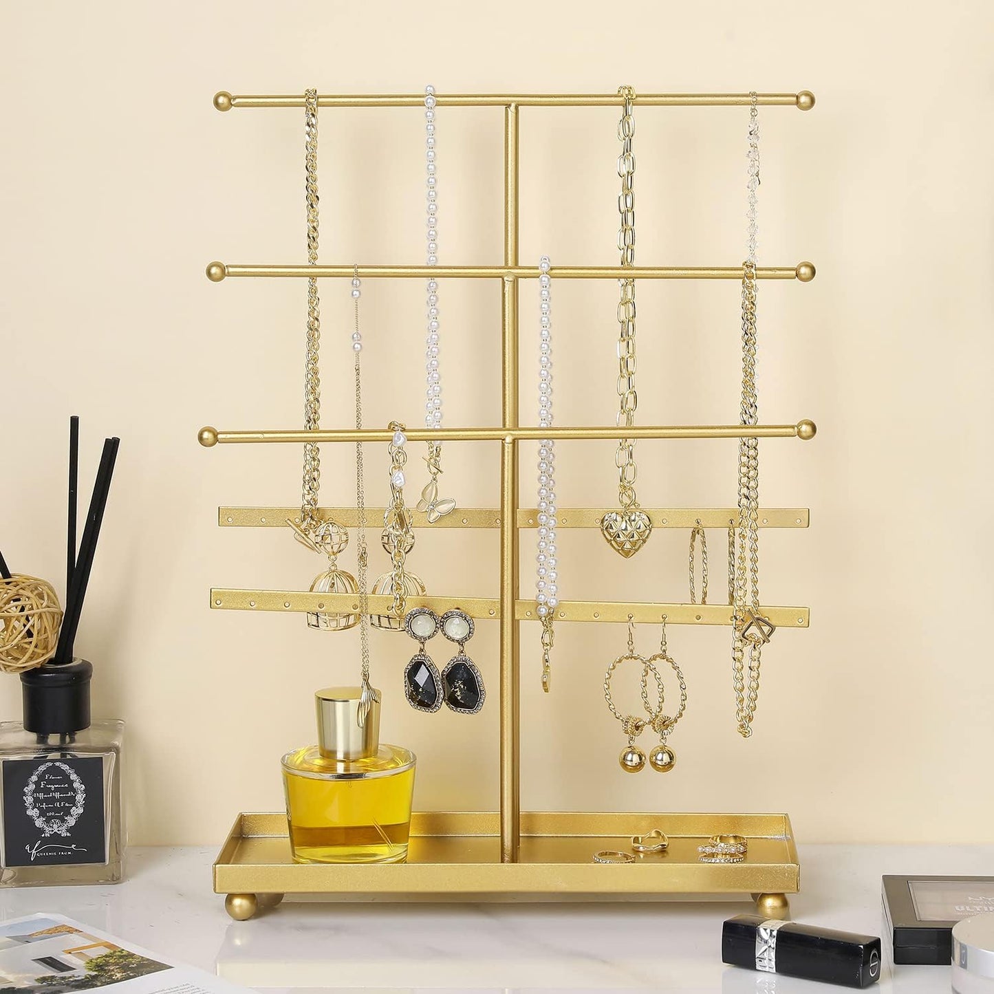 MyGift 5-Tier Gold Metal Jewelry Organizer Stand with Earring Hooks & Ring Tray - T-Bar for Tangle-Free Necklace Bracelet Display - Home Store Boutique (16.25" H)