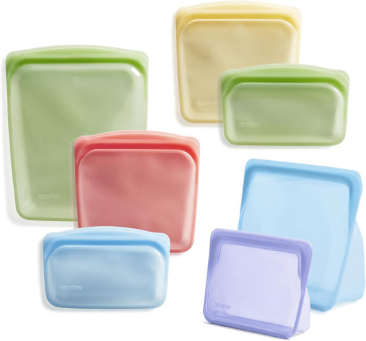 Stasher Premium Silicone Reusable Food Storage Bags, 7-Pack, Rainbow, Multi-Use Food Storage Bags, Lunch Bag, Travel Containers, BPA Free, Leak-free, Dishwasher-Safe, Eco-friendly