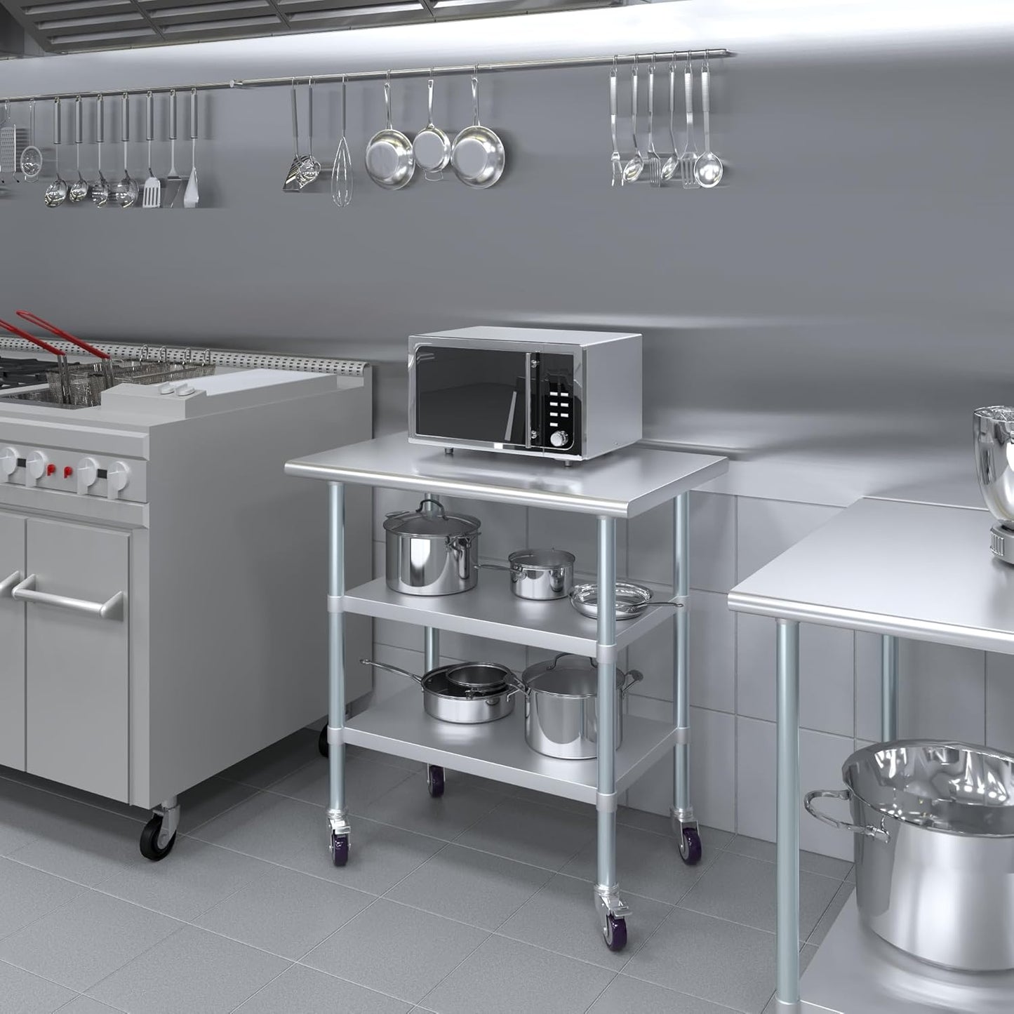 AmGood Stainless Steel Work Table with 2 Shelves and Casters | Metal Utility Table On Wheels (Stainless Steel Work Table with 2 Shelves + Casters, 36" Long x 24" Deep)