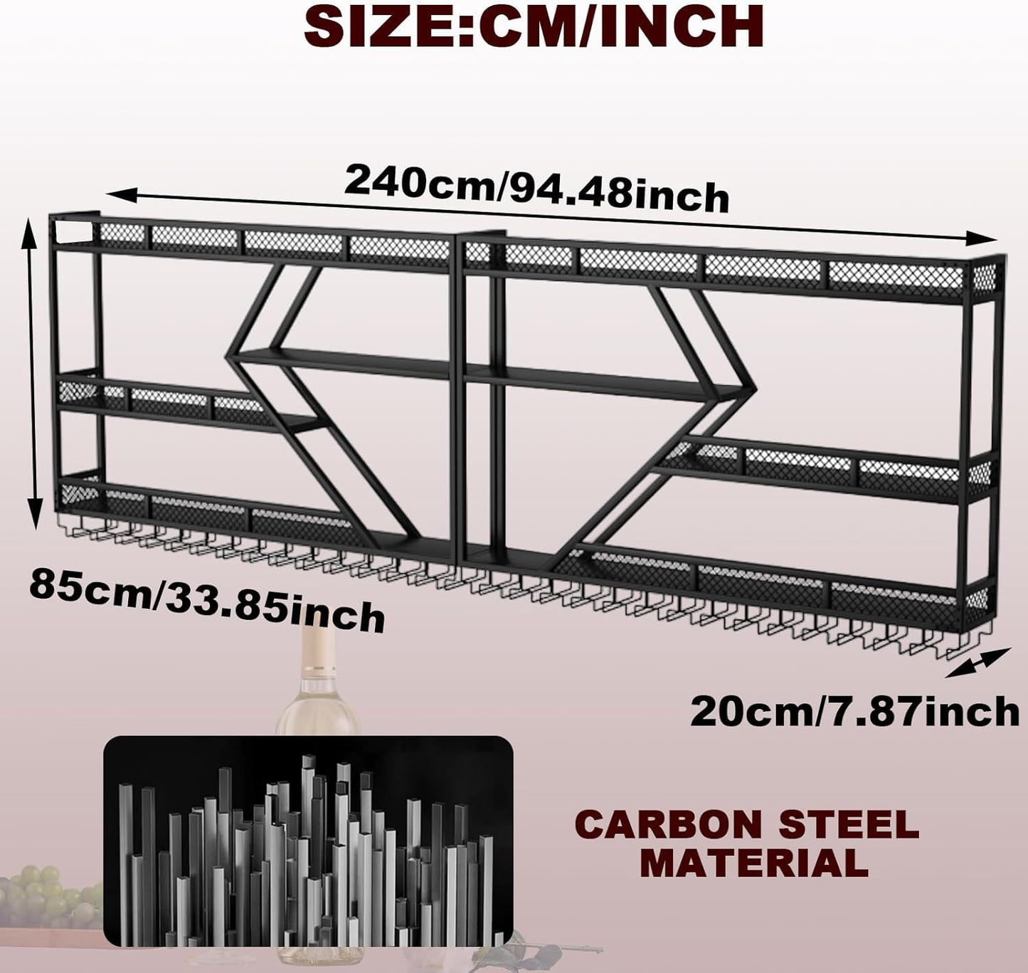 94.4in Wine Rack Wall Mounted, Modern Wine Storage Rack Wall Mounted with Wine Glass Holder, Liquor Shelf, Bar Shelves for Liquor Bottles (3TIERS Black, 94.48 * 7.87 * 33.85INCH)