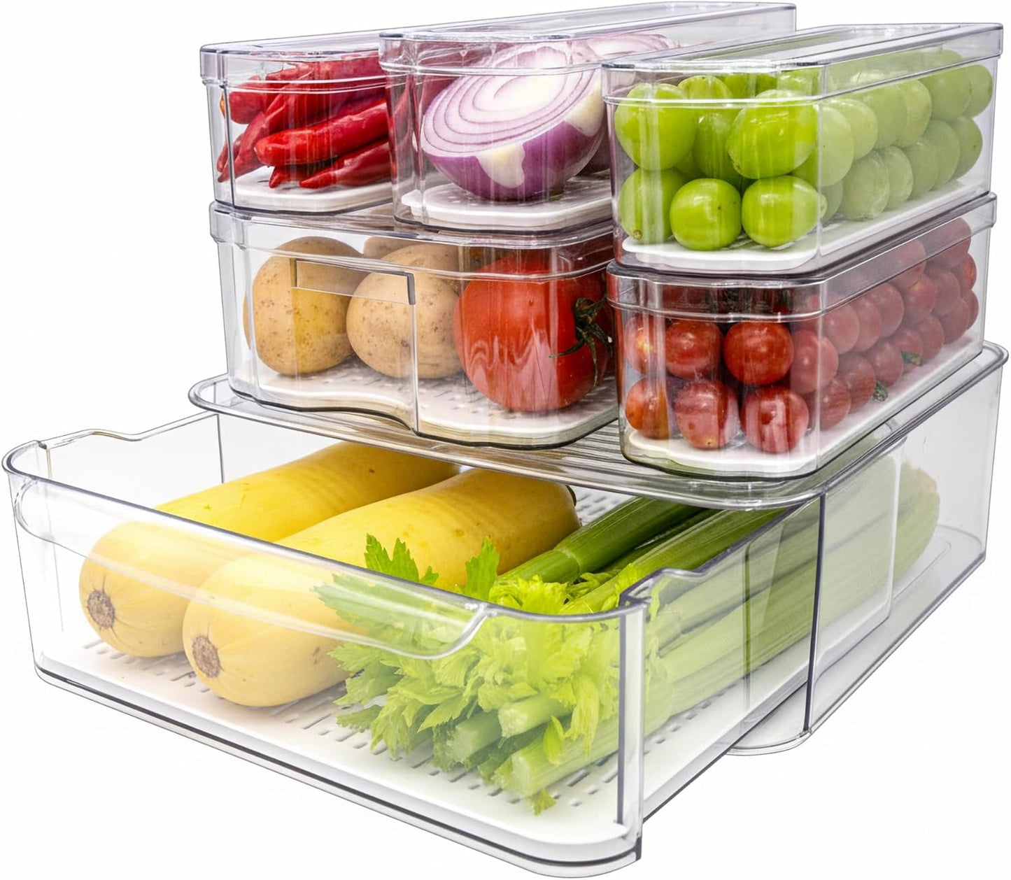 8 Pack Refrigerator Organizers, Clear Pull-out Drawer Container and Organizer Bins with Lids, Stackable Storage Containers for Fruits, Vegetable (Set of 6 (Include Pull-out Drawer))