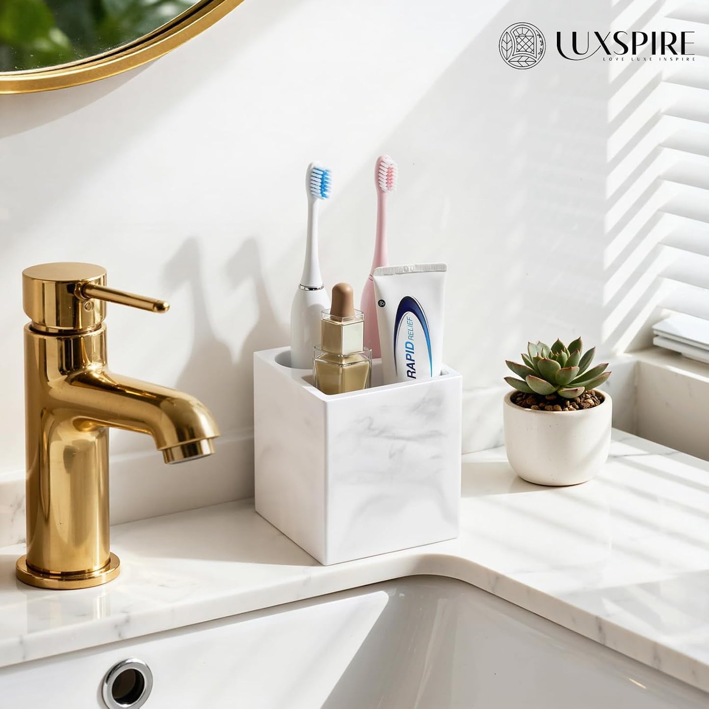 Luxspire Toothbrush Holder, 3 Slots Fast Drying Tooth Brush Holder for Bathroom, Diatomite Electric Tooth Brush and Toothpaste Organizer for Bathroom Kitchen Vanity Countertop, Marble White