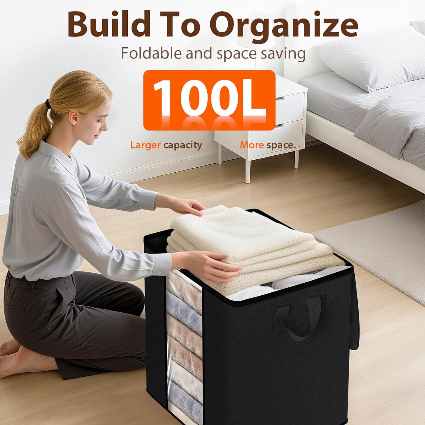 SpaceWhisper 6 Pack 100L Clothes Storage, Foldable Thick Fabric Blanket Storage Bags, Containers for Organizing Bedroom, Closet, Clothing, Comforter,Closet Organization with Handle,Black
