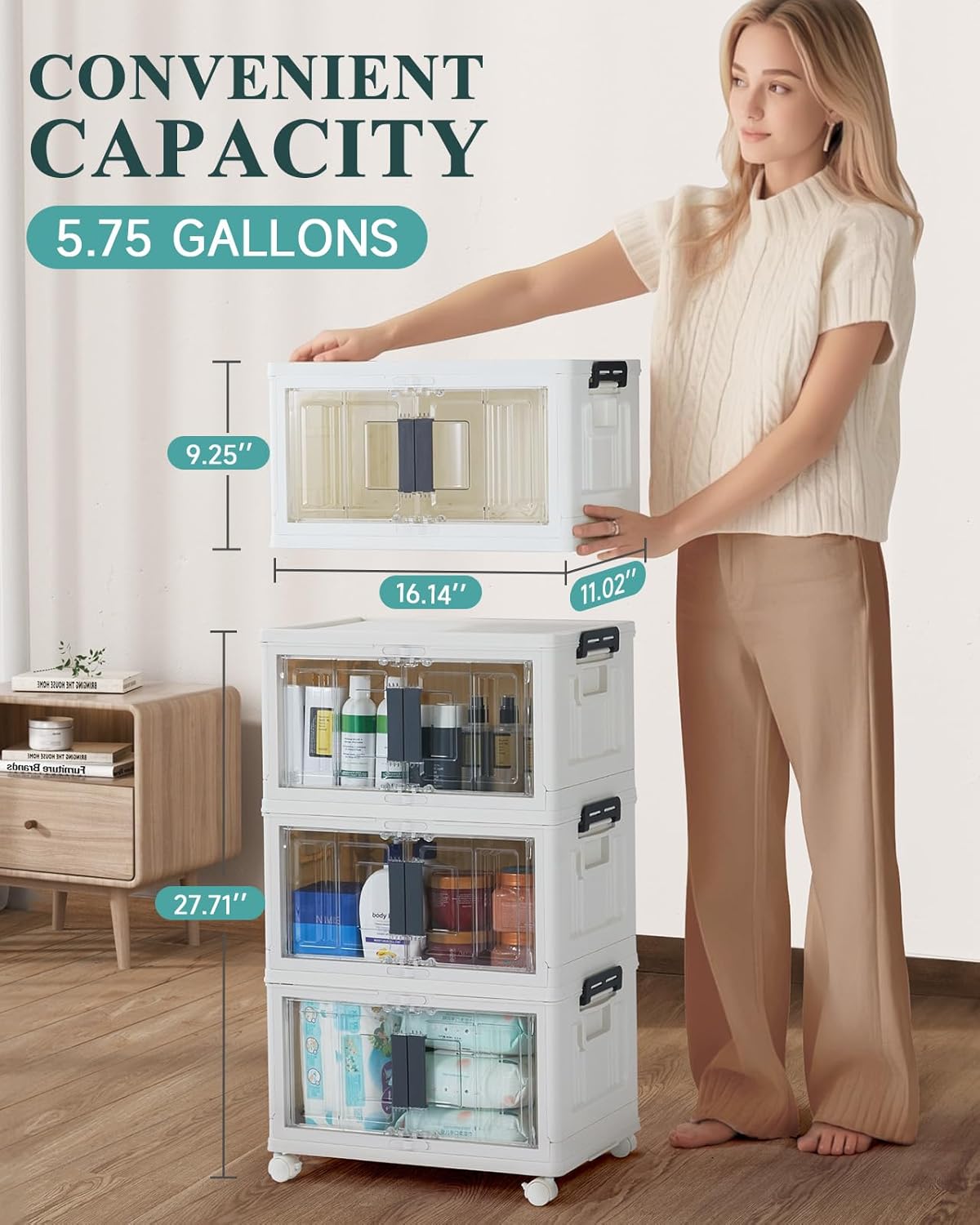 OlarHike 23QT Stackable Storage Bins with Lids - Folding Storage Box with Doors and Wheels, Collapsible Plastic Storage Drawers for Closets, 4 Pack Cubes