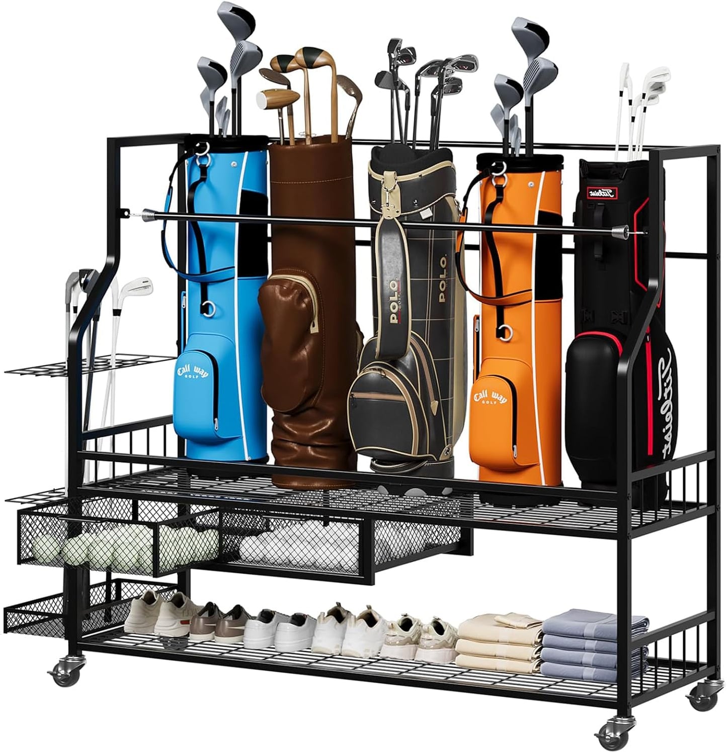 Garvee 4-5 Bags Stand Golf Organizer Rack with Wheels-Large Golf Bag Storage Organizer for Garage,Golfs Club and Home